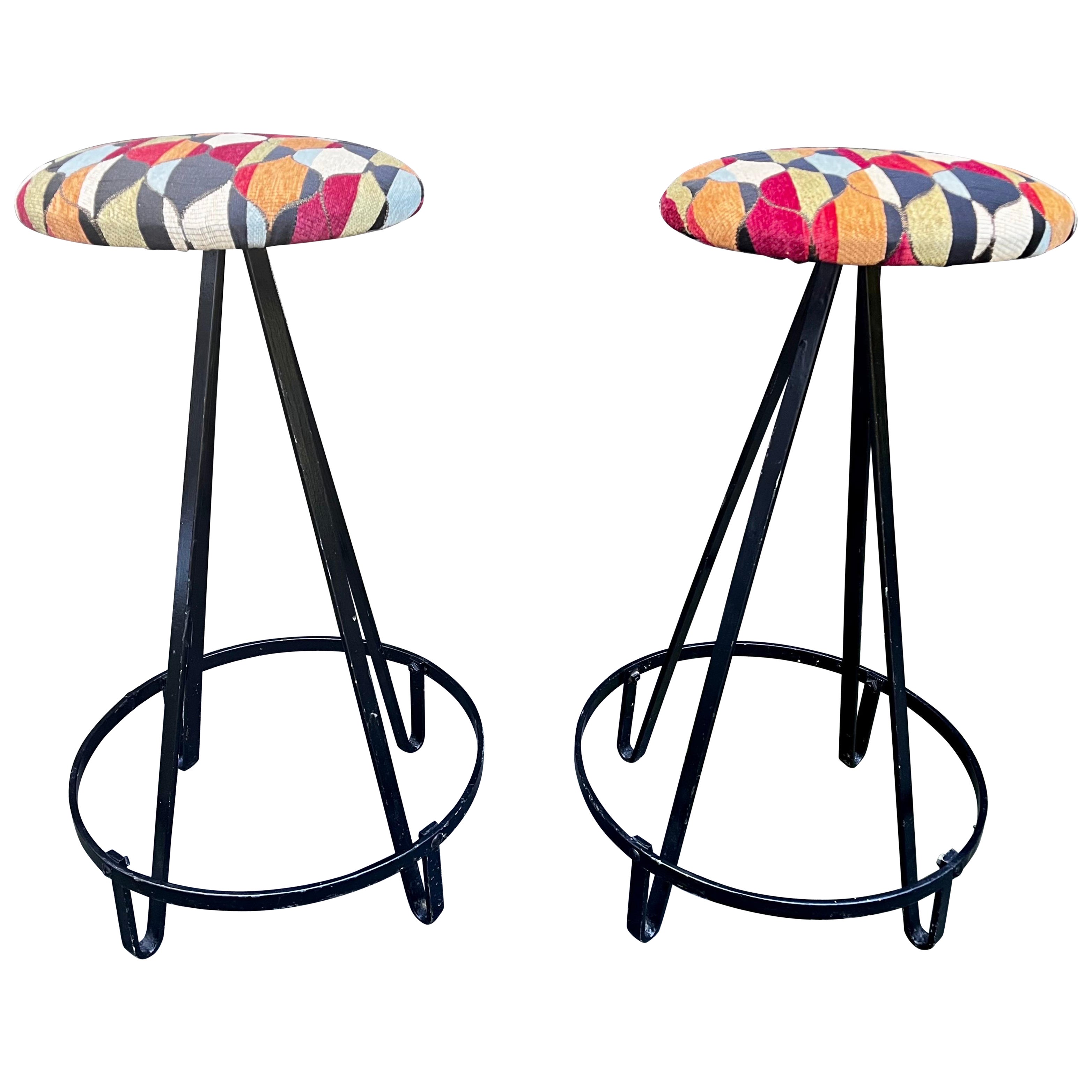 Pair of Iron and Fabric Hairpin Stools in the style of Frederic Weinberg, 1950s For Sale