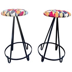 Pair of Iron and Fabric Hairpin Stools in the style of Frederic Weinberg, 1950s