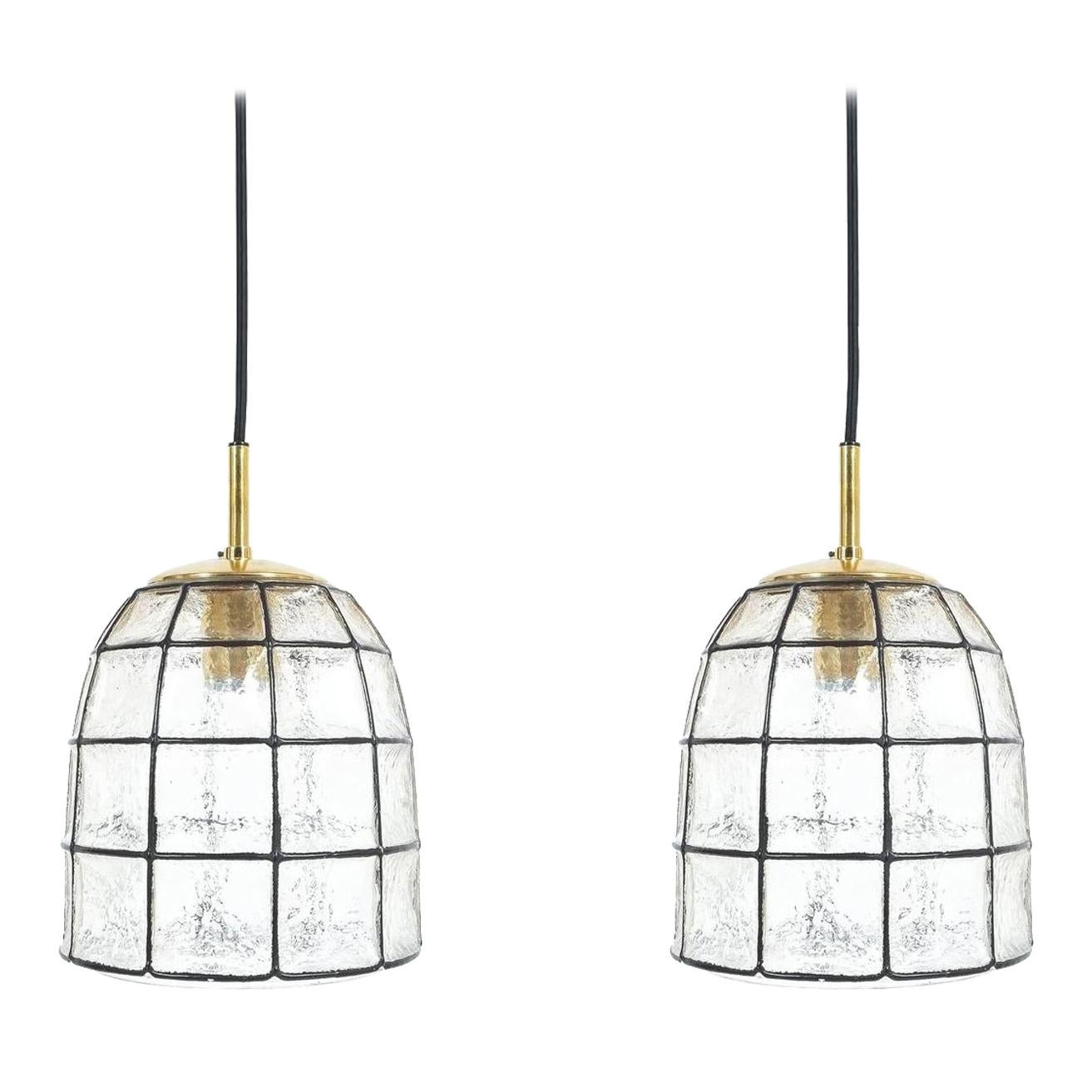 Pair of Iron and Glass Pendant Lamp with Polished Brass by Limburg, 1960