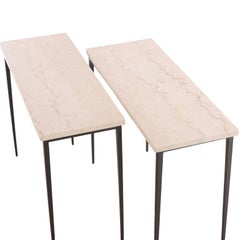Pair of Iron and Italian Botticino Marble Console Tables.