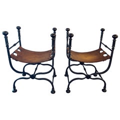 Retro Pair of Iron and Leather Savonarola Chairs / Benches Folding