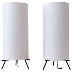 Pair of Iron and Linen Cylinder Table Lamps, 1950s