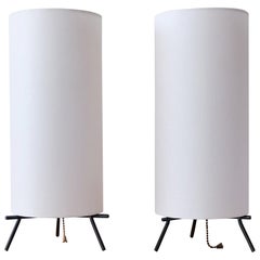 Vintage Pair of Iron and Linen Cylinder Table Lamps, 1950s