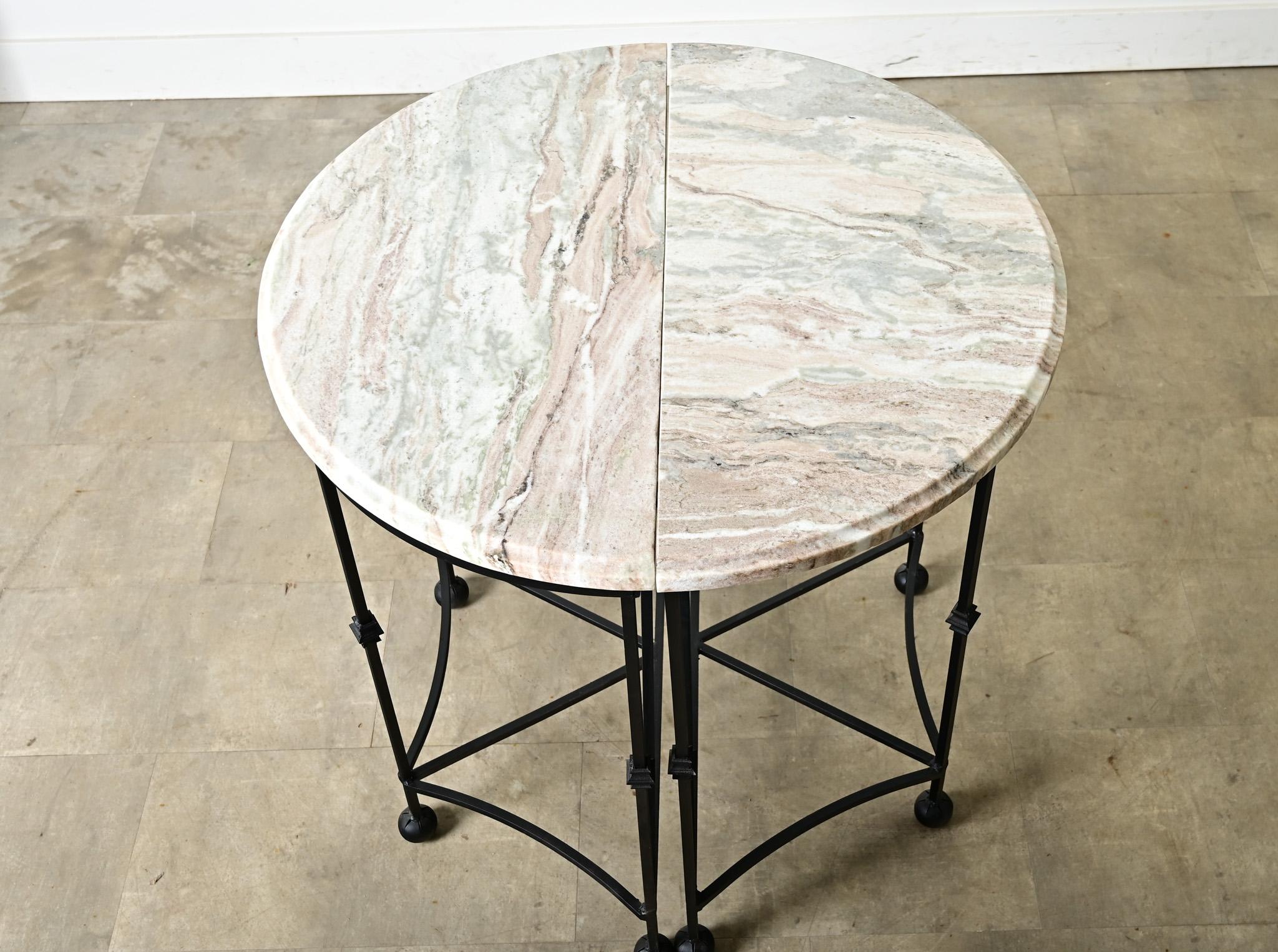 Pair of Iron and Marble Demilune Consoles For Sale 3