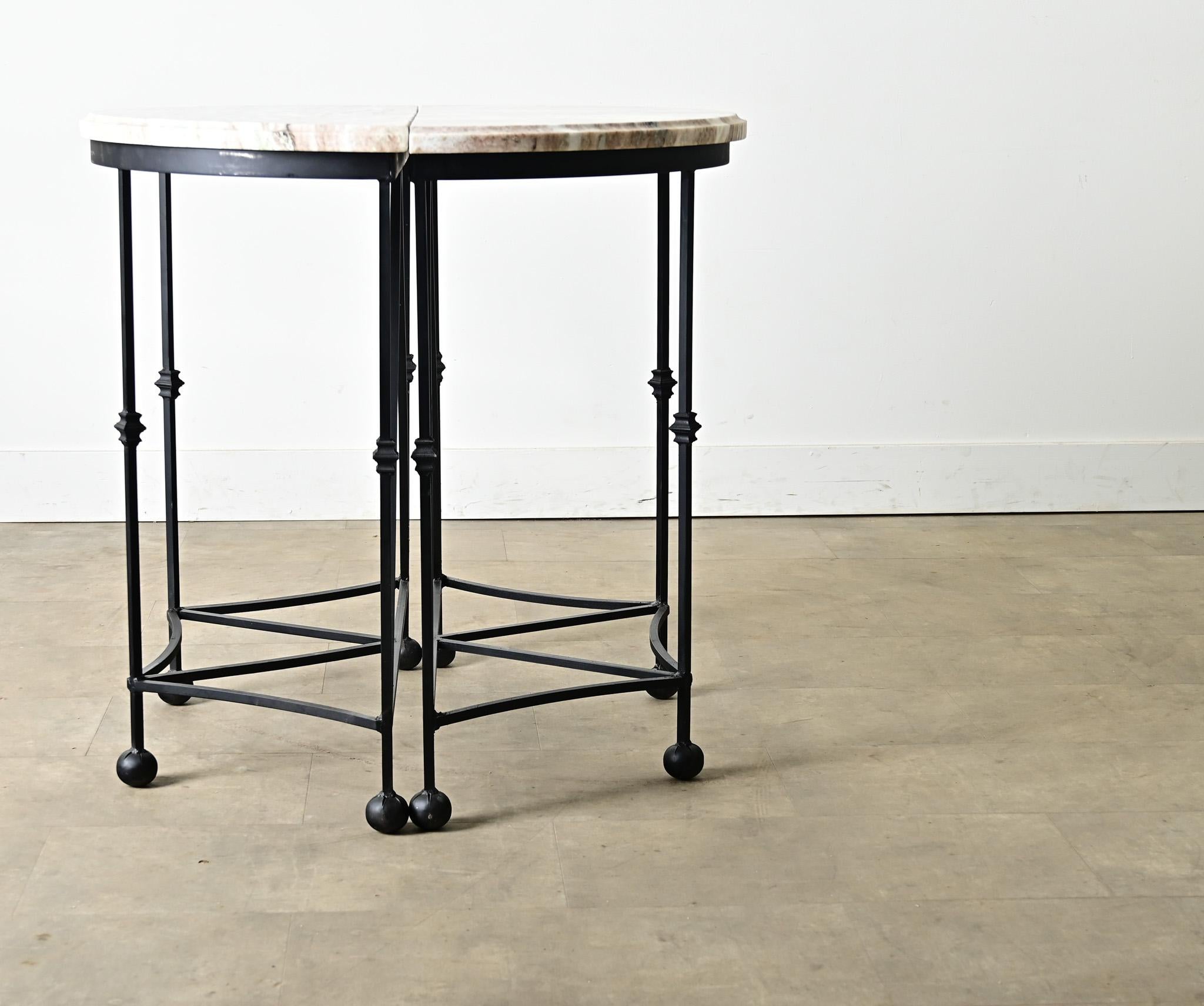 Pair of Iron and Marble Demilune Consoles For Sale 4