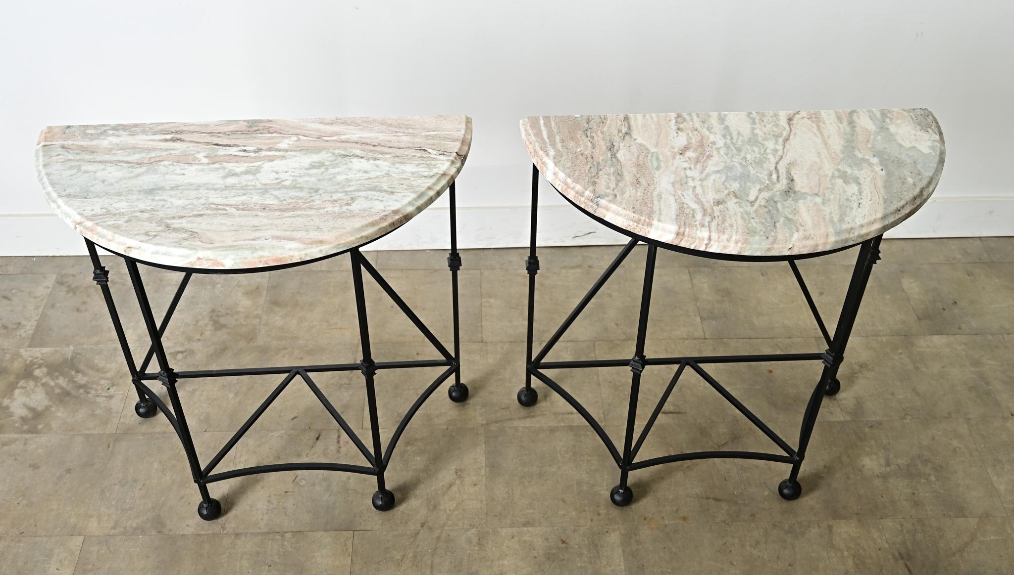 French Pair of Iron and Marble Demilune Consoles For Sale