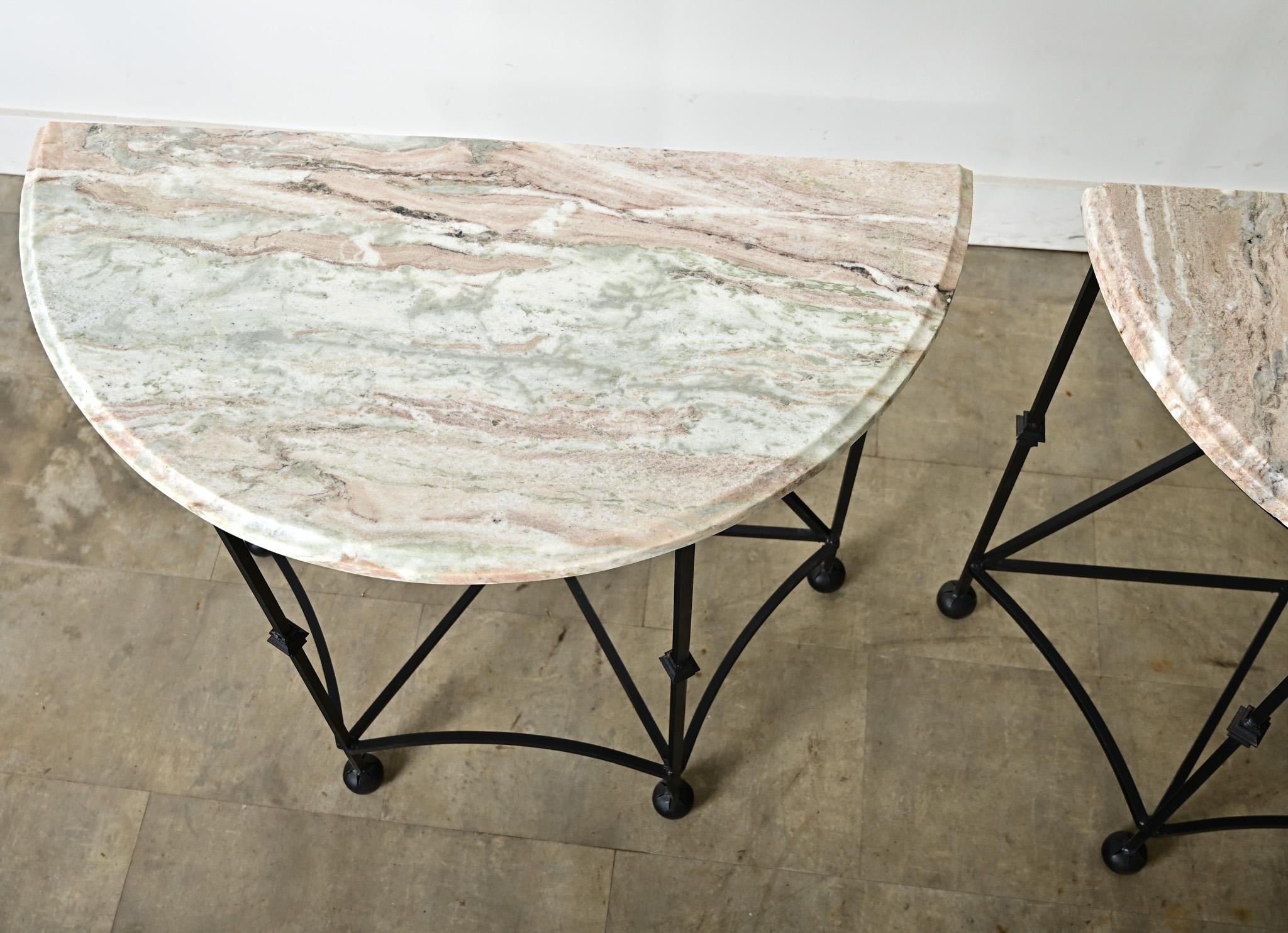 Cast Pair of Iron and Marble Demilune Consoles For Sale