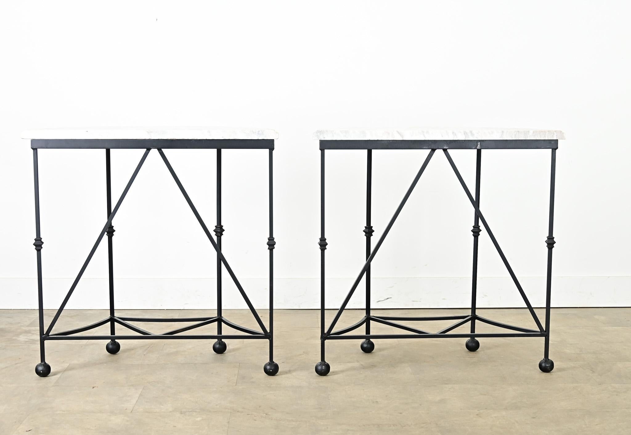 Pair of Iron and Marble Demilune Consoles In Good Condition For Sale In Baton Rouge, LA