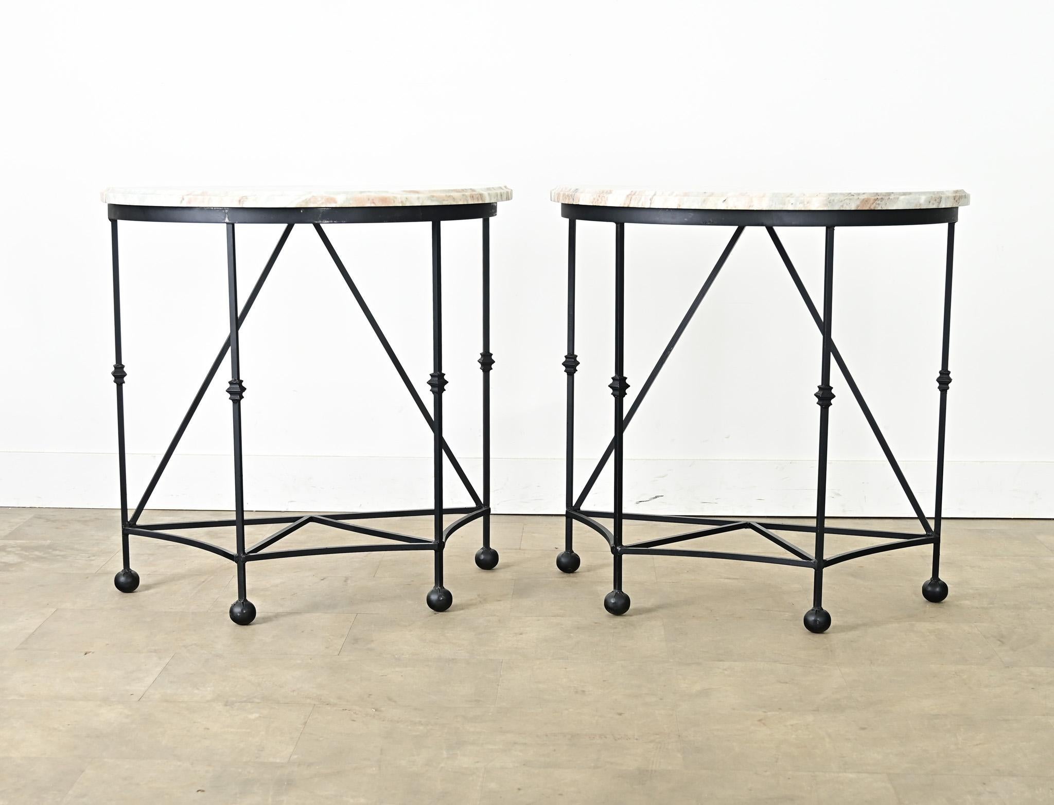 Pair of Iron and Marble Demilune Consoles For Sale 1