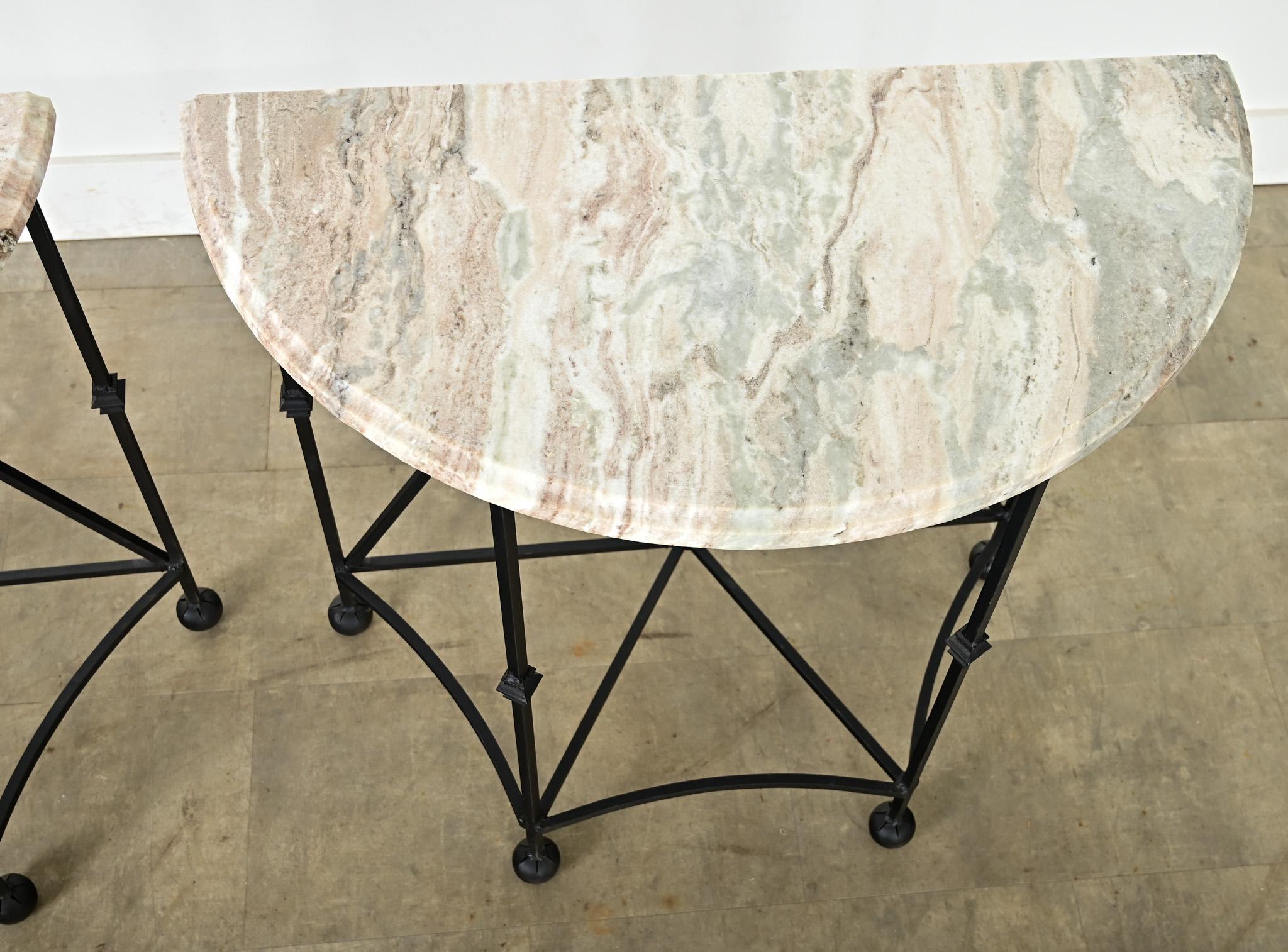 Pair of Iron and Marble Demilune Consoles For Sale 2