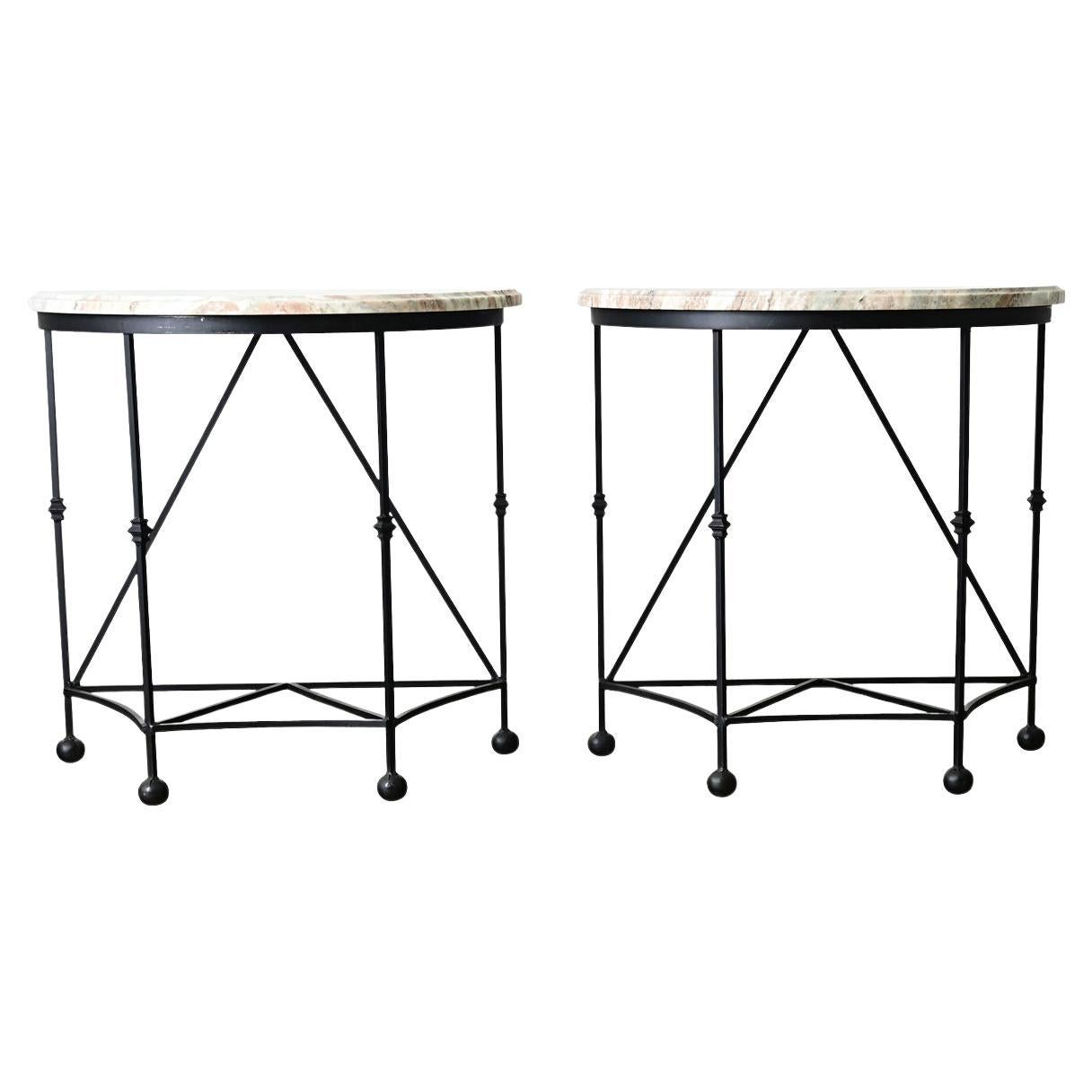 Pair of Iron and Marble Demilune Consoles