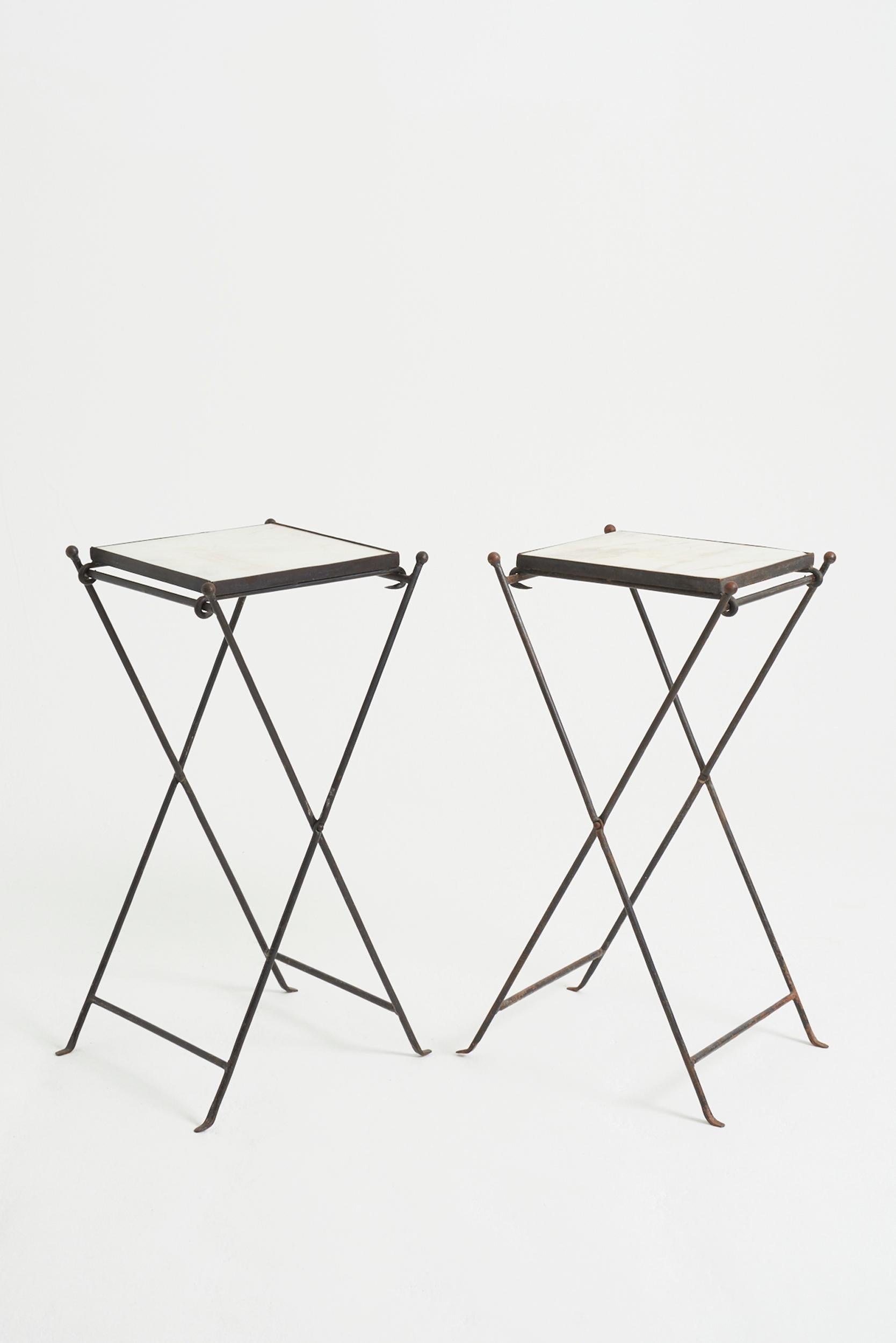 Mid-Century Modern Pair of Iron and Marble Side Tables