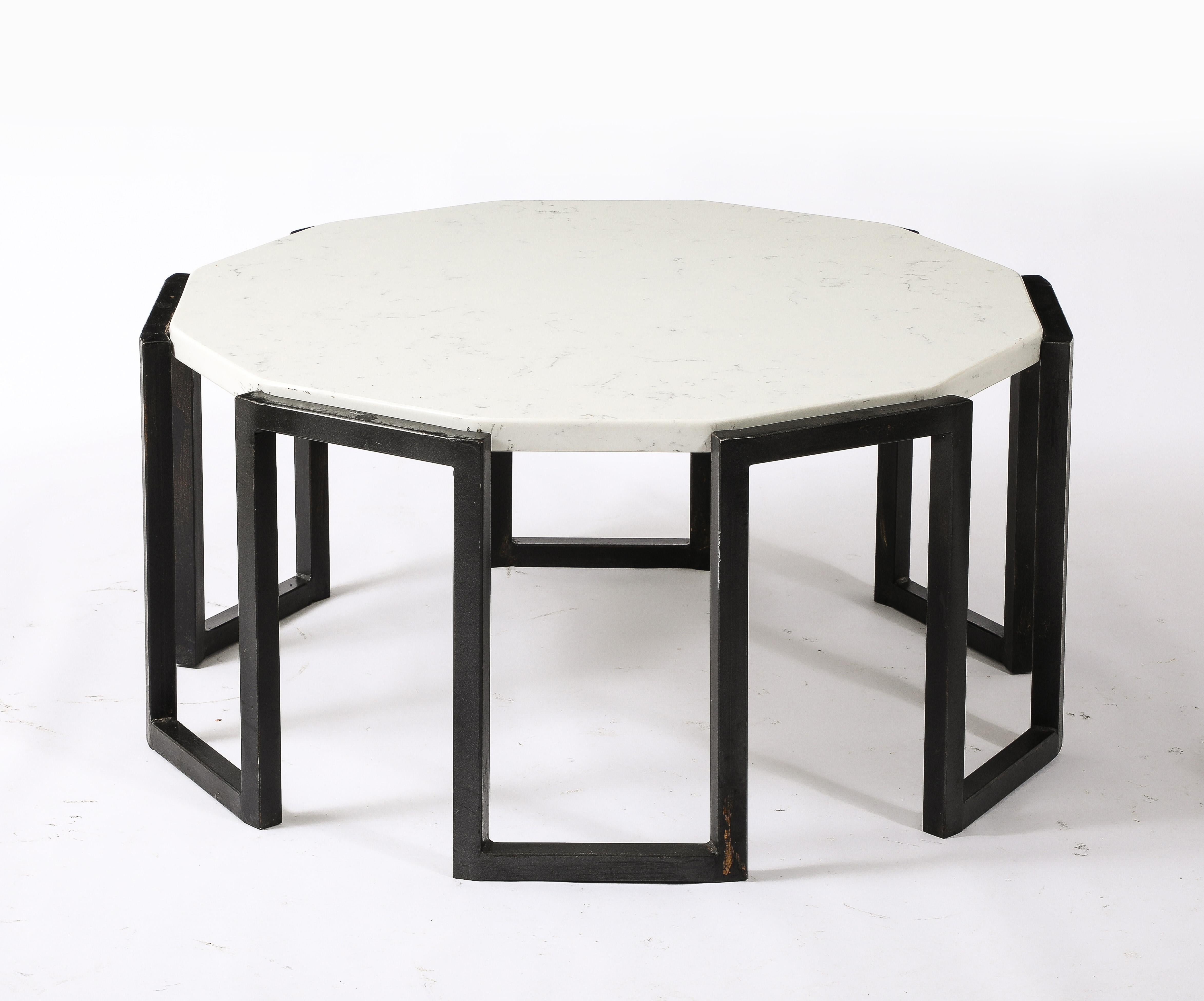French Pair of Iron and Marble Tables, France 1950's For Sale