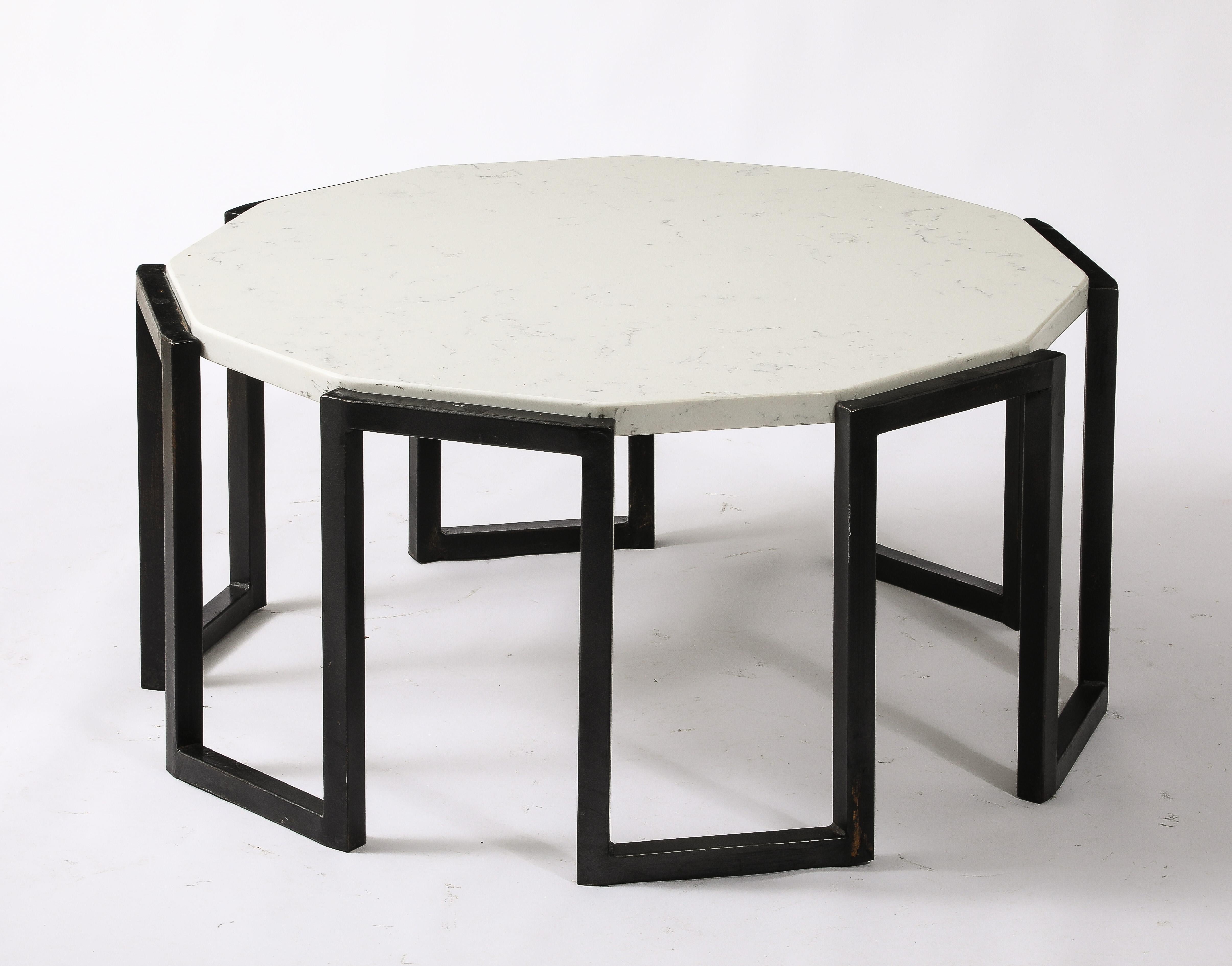 Wrought Iron Pair of Iron and Marble Tables, France 1950's For Sale