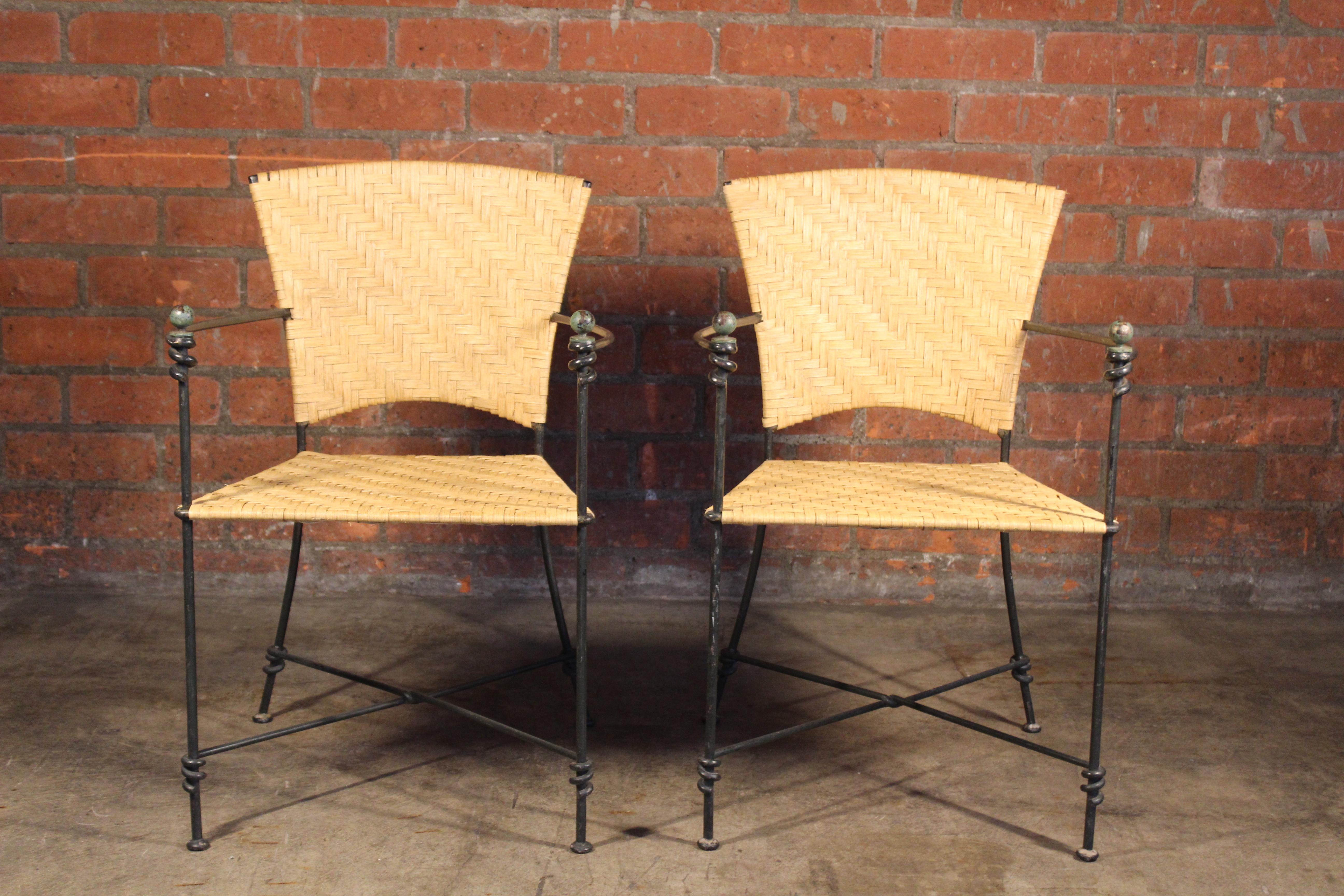 Mid-Century Modern Pair of Iron and Rattan Armchairs, France, 1950s
