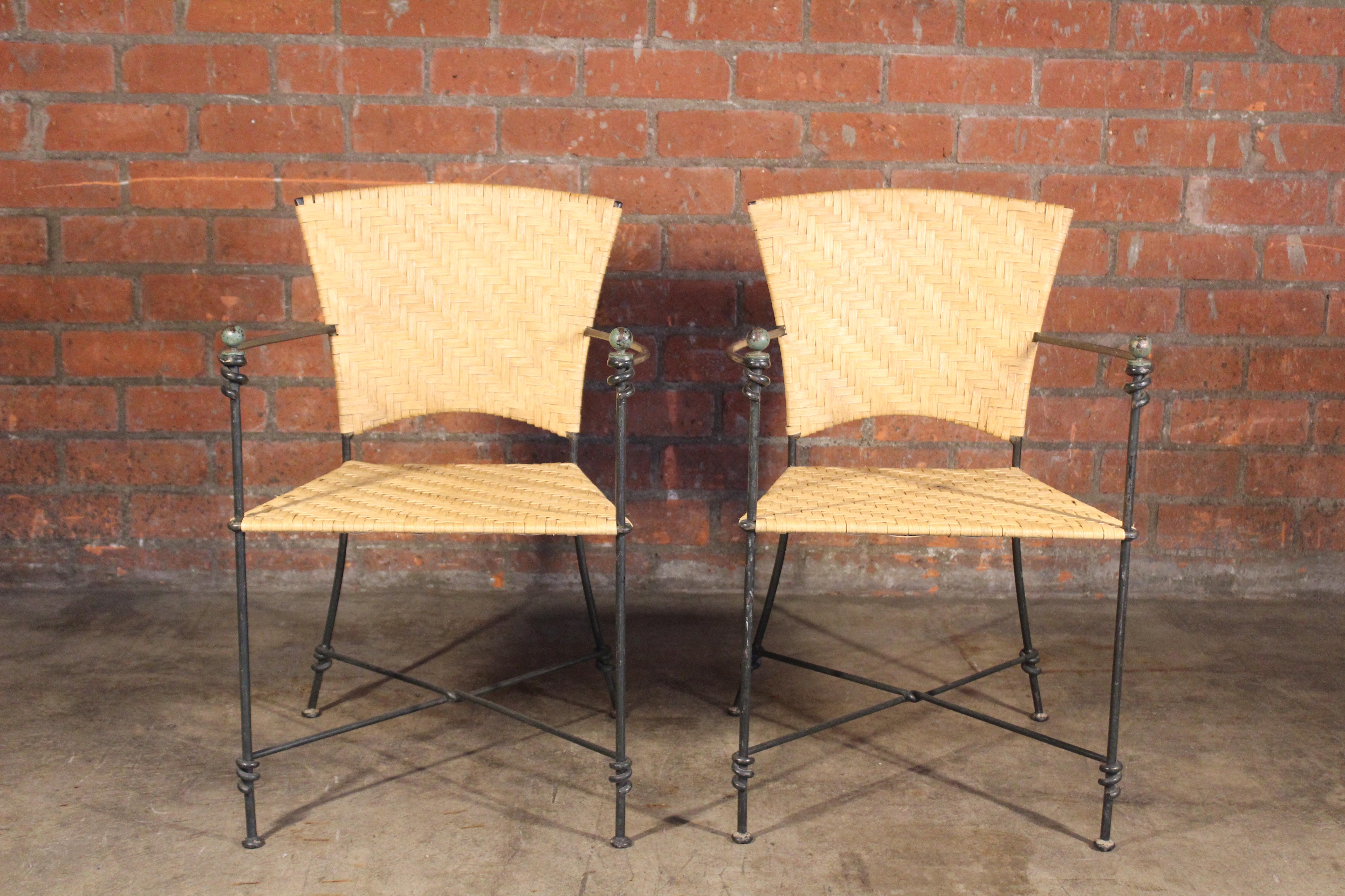 French Pair of Iron and Rattan Armchairs, France, 1950s