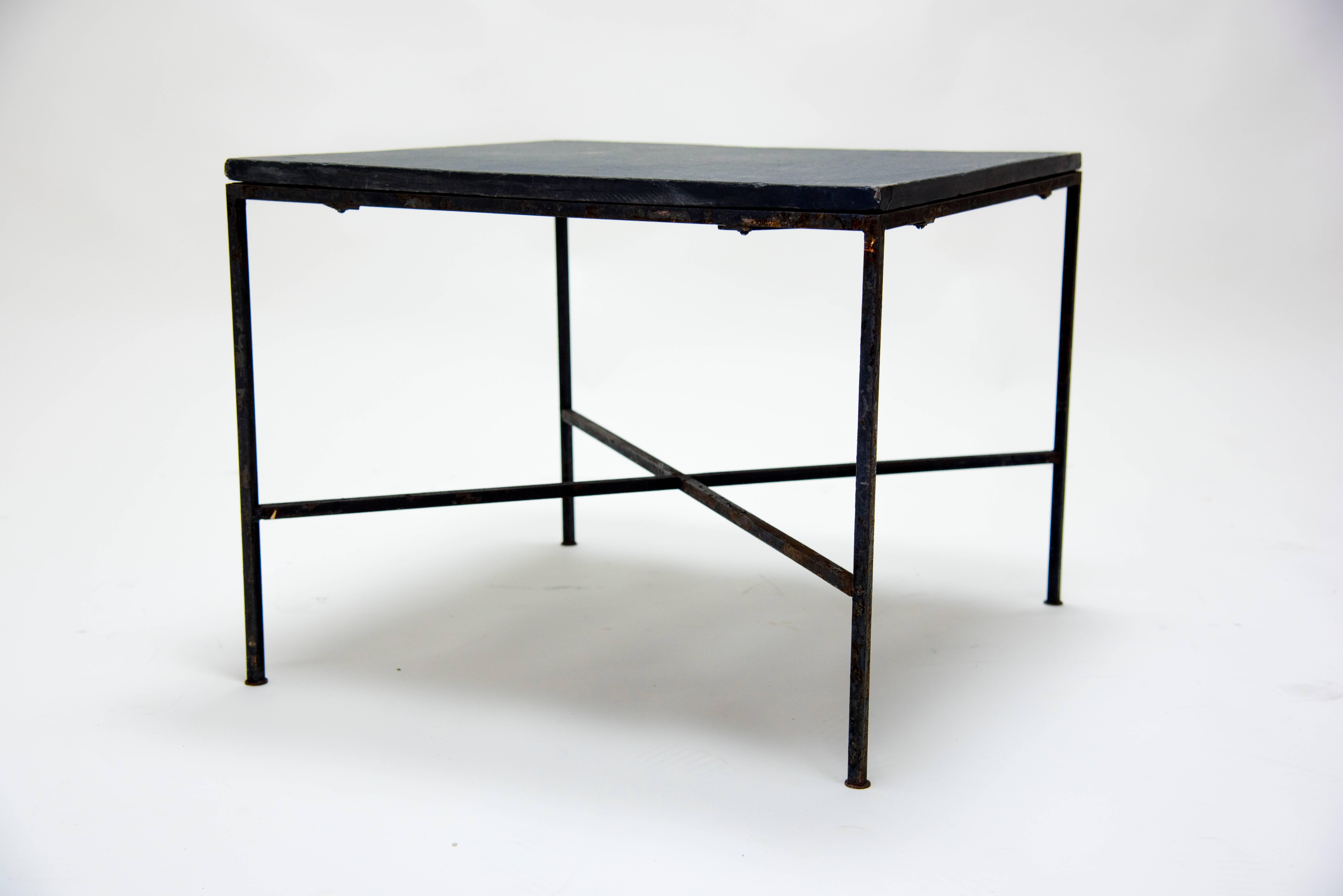 Pair of Iron and Slate Mid-Century Modern End Tables in the Style of Paul McCobb 1