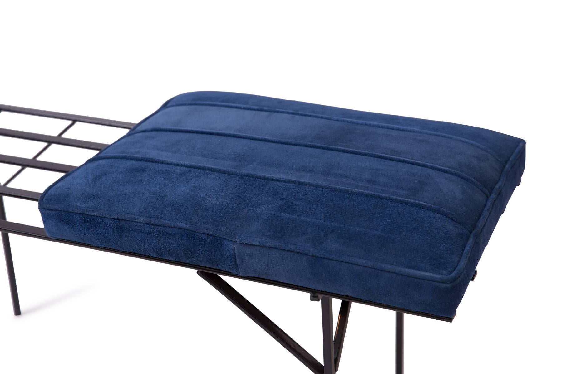 Mid-Century Modern Iron Slat Bench from France in Blue Suede, 1950's For Sale