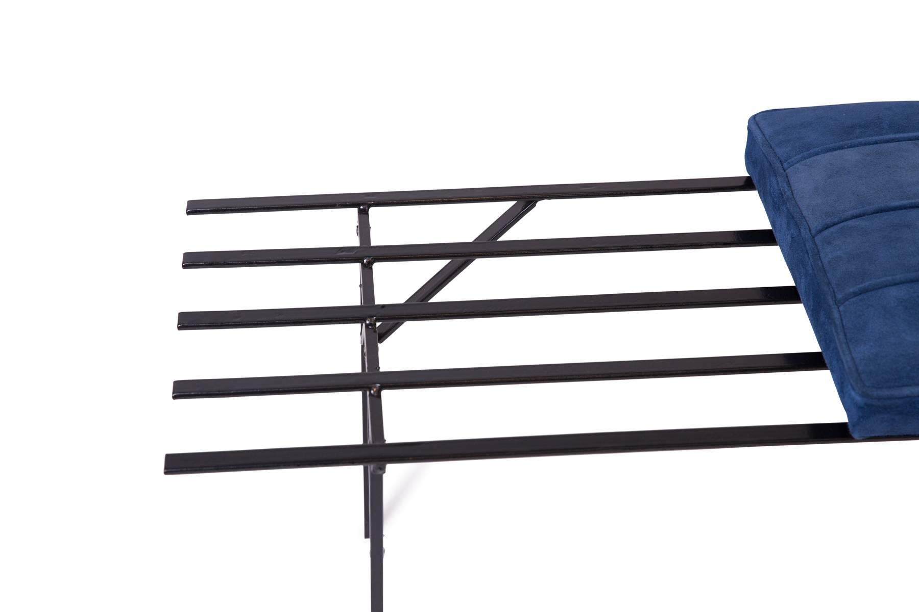 French Iron Slat Bench from France in Blue Suede, 1950's For Sale