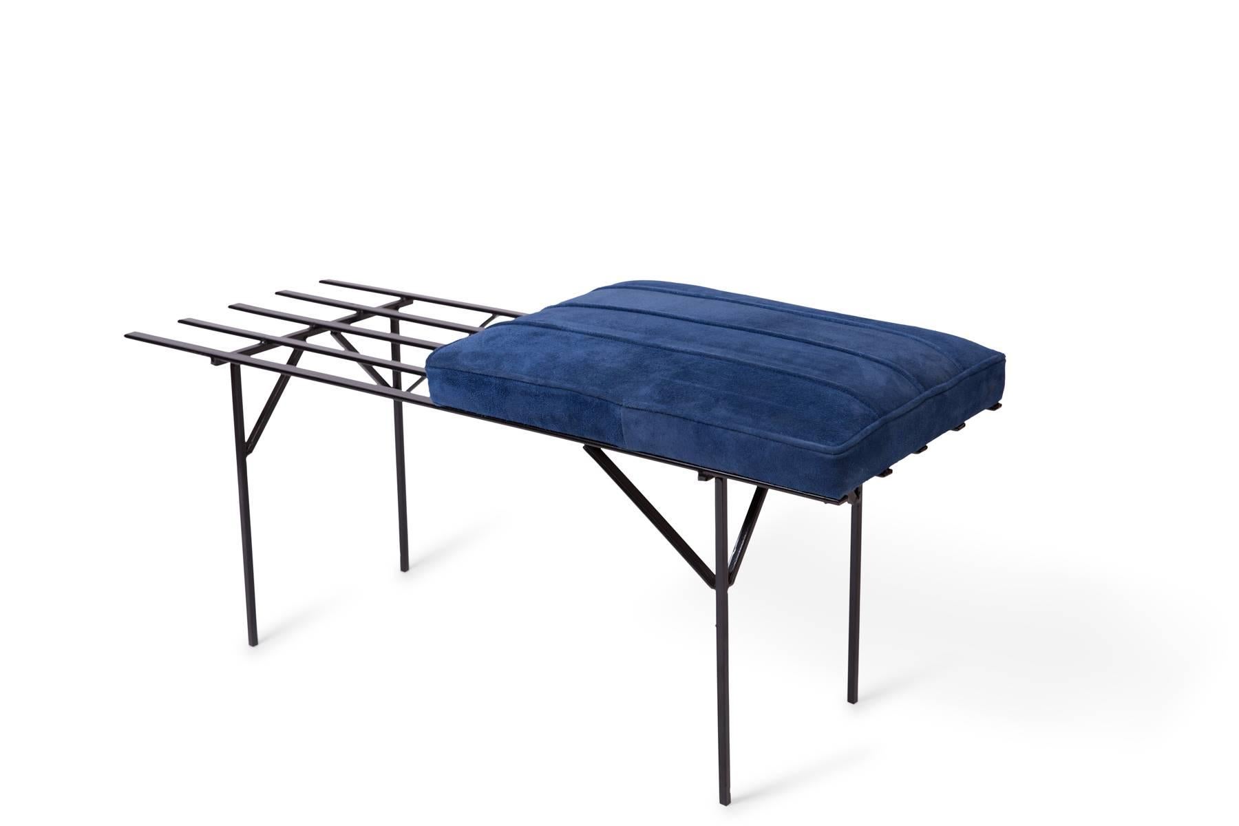 Iron Slat Bench from France in Blue Suede, 1950's In Good Condition For Sale In Phoenix, AZ