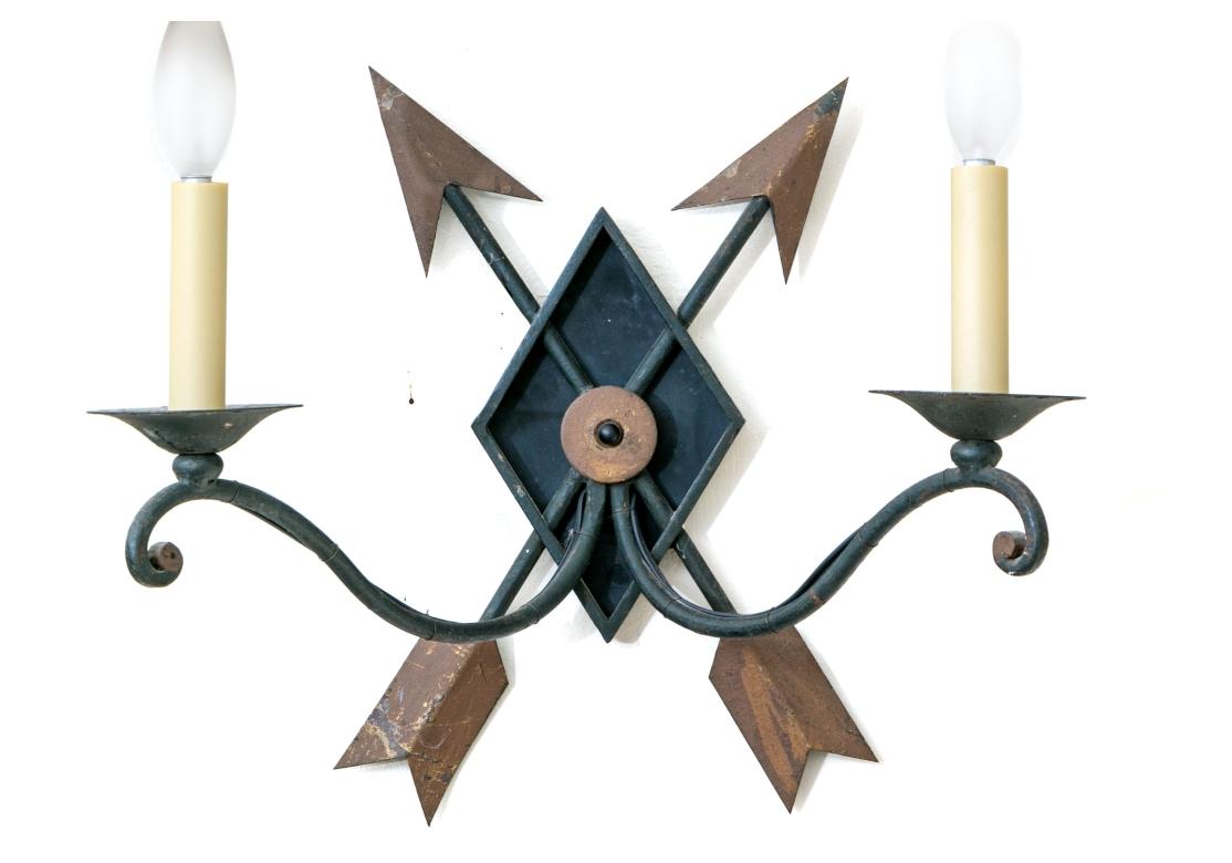 20th Century Pair Of Iron And Tole Two Light Wall Sconces For Sale