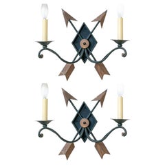 Pair Of Iron And Tole Two Light Wall Sconces