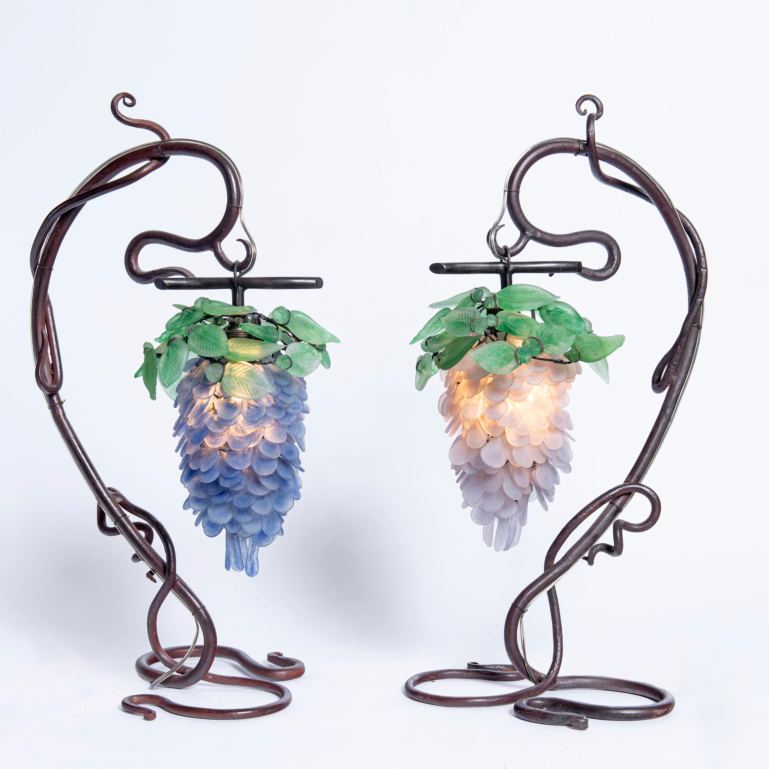 Pair of iron and Venetian glass table lamps, Italy, circa 1900.
