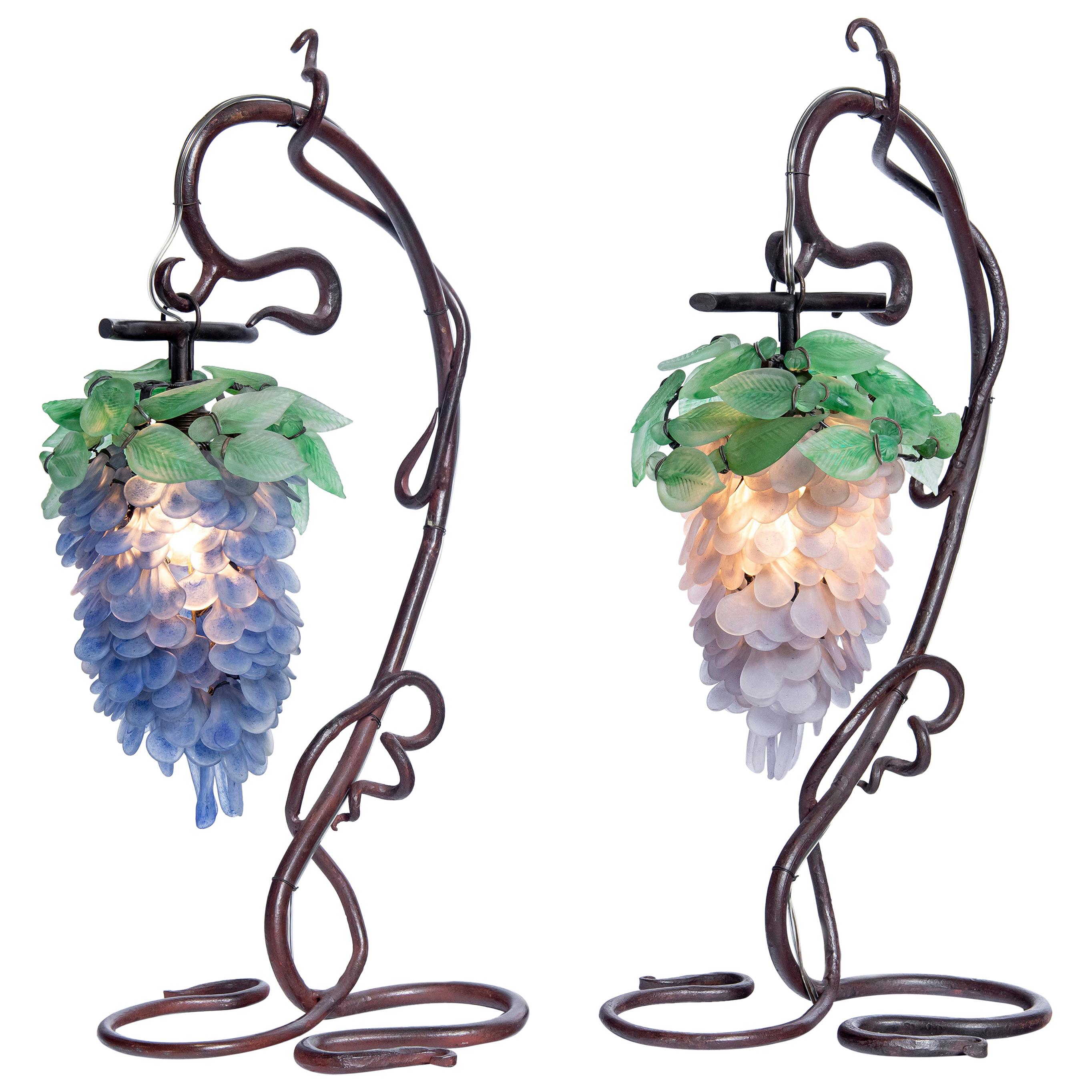 Pair of Iron and Venetian Glass Table Lamps, Italy, circa 1900