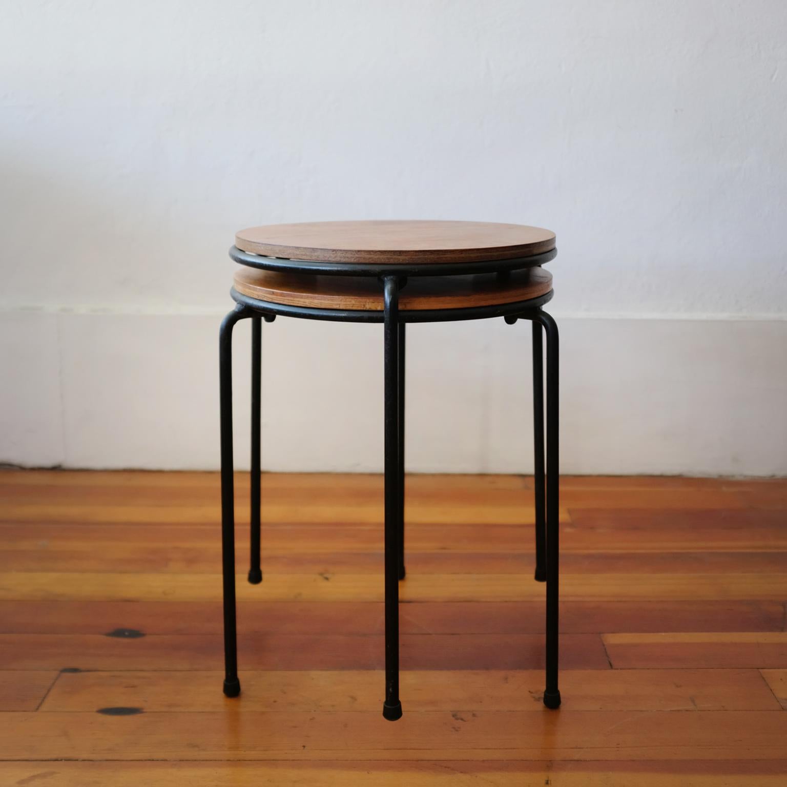 American Pair of Iron and Walnut Tables or Stools, 1950s For Sale