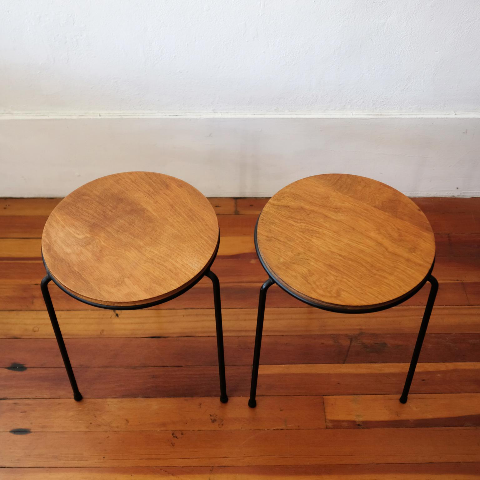 Pair of Iron and Walnut Tables or Stools, 1950s In Good Condition For Sale In San Diego, CA