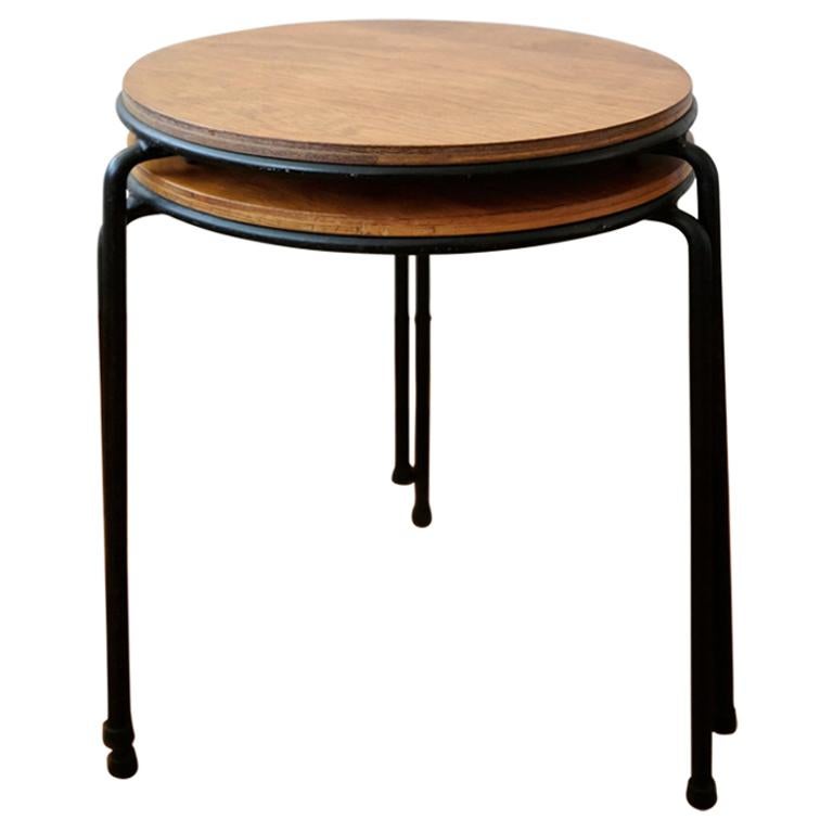 Pair of Iron and Walnut Tables or Stools, 1950s For Sale