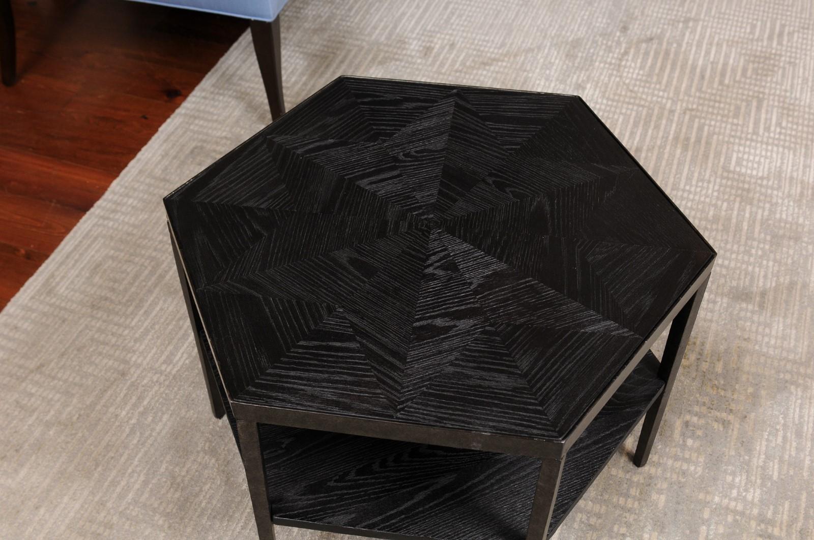 American Pair of Iron and Wood End Tables For Sale