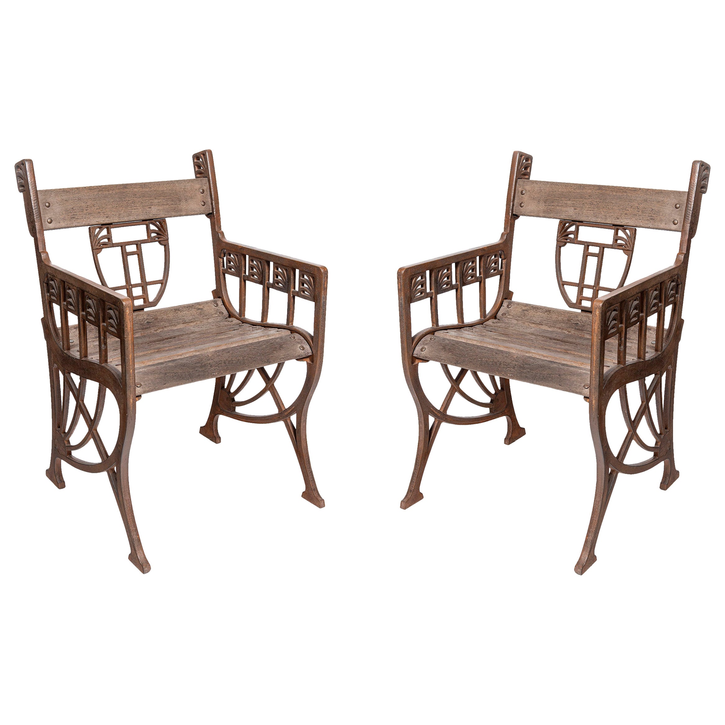 Pair of Iron and Wood Garden Armchairs, Austria, circa 1910