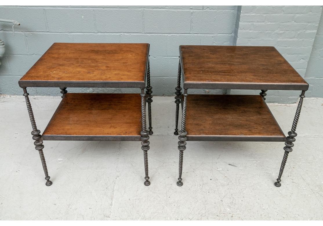 Stained Pair of Iron and Wood Tiered End Tables by Paul Ferrante For Sale