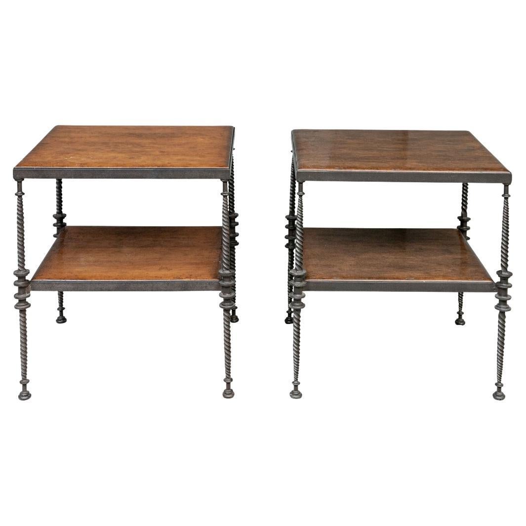 Pair of Iron and Wood Tiered End Tables by Paul Ferrante For Sale