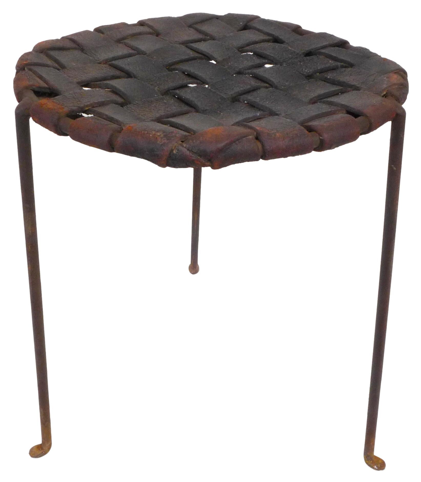 Mid-Century Modern Pair of Iron and Woven Leather Stools by Lila Swift & Donald Monell For Sale