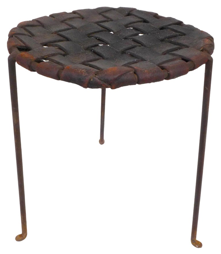 American Pair of Iron and Woven Leather Stools by Lila Swift & Donald Monell For Sale