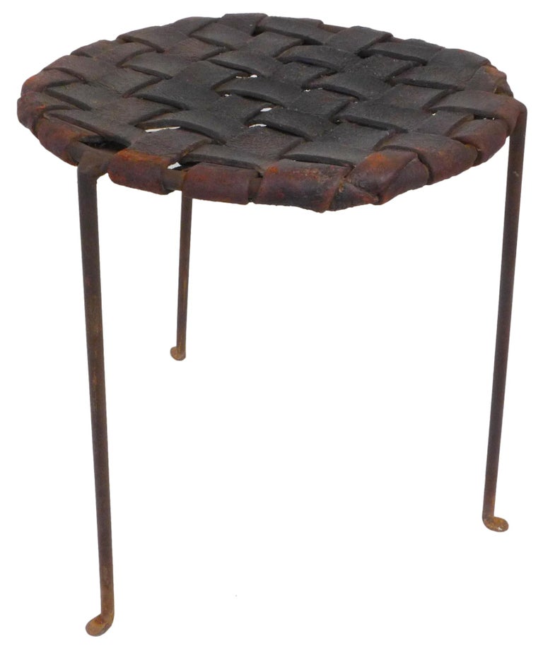 Pair of Iron and Woven Leather Stools by Lila Swift & Donald Monell In Fair Condition For Sale In Los Angeles, CA