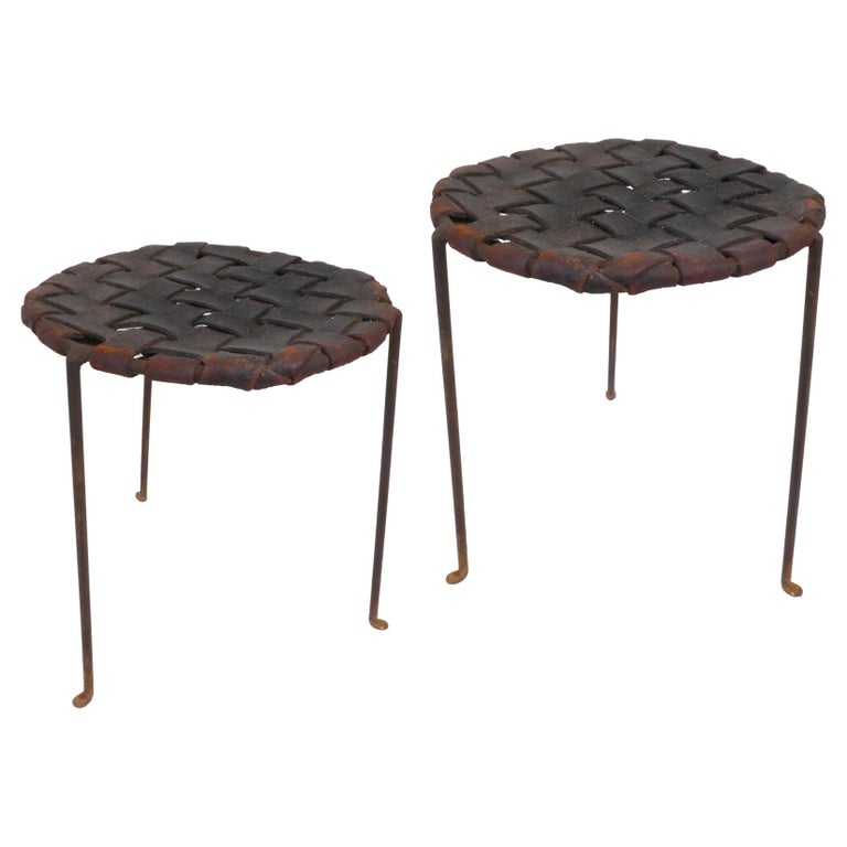 Pair of Iron and Woven Leather Stools by Lila Swift & Donald Monell For Sale
