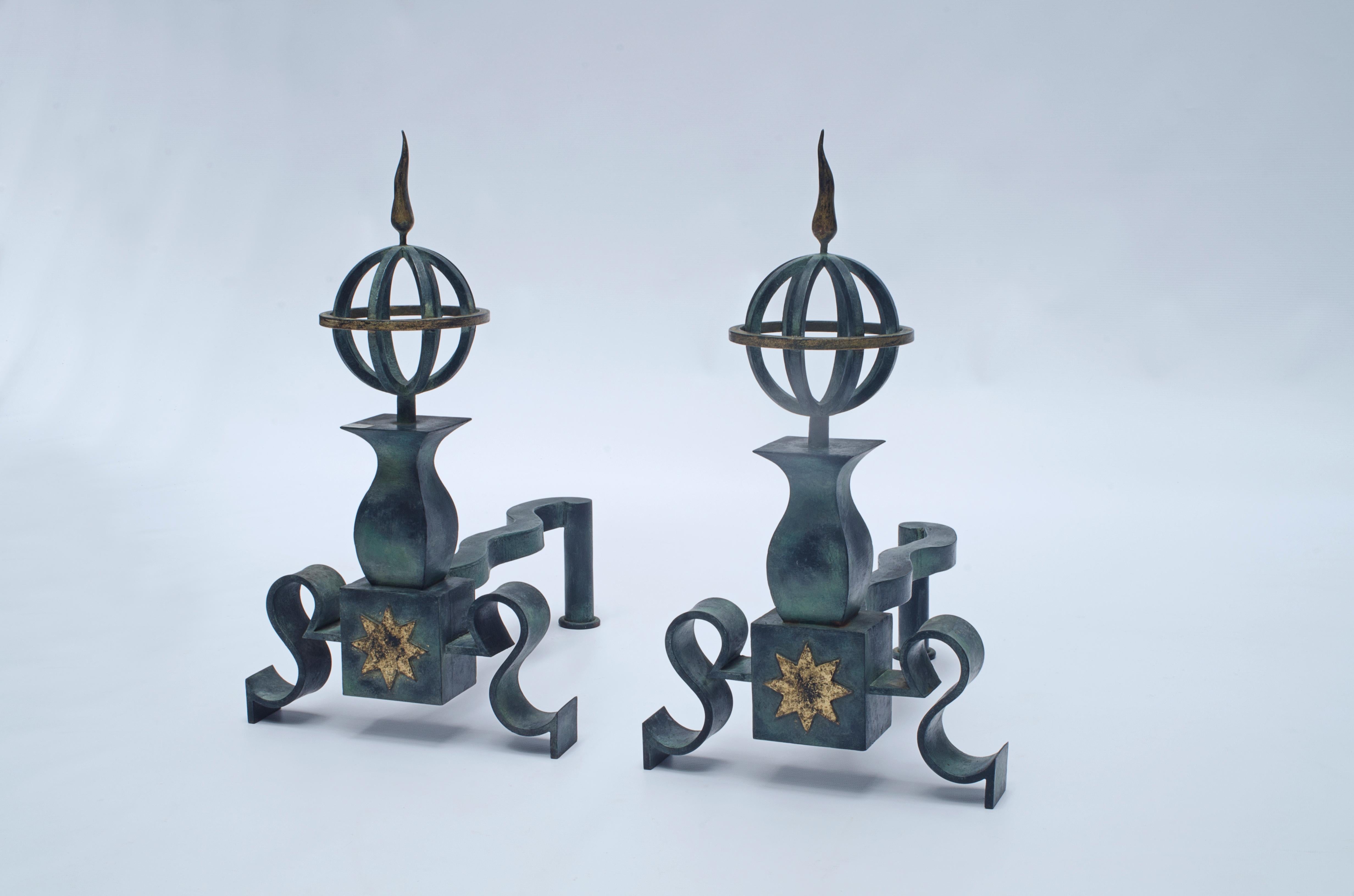 Pair of green and gold patinated iron andirons made by Gilbert Pollerat (1902-1988).

France, circa 1940.

Karl Lagerfeld and Francois Baudot (1998) “Gilbert Pollerat, Maître Ferronnier”. Q-227.