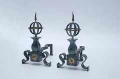 Art Deco Andirons by Gilbert Poillerat, Patinated Iron, France, 1940