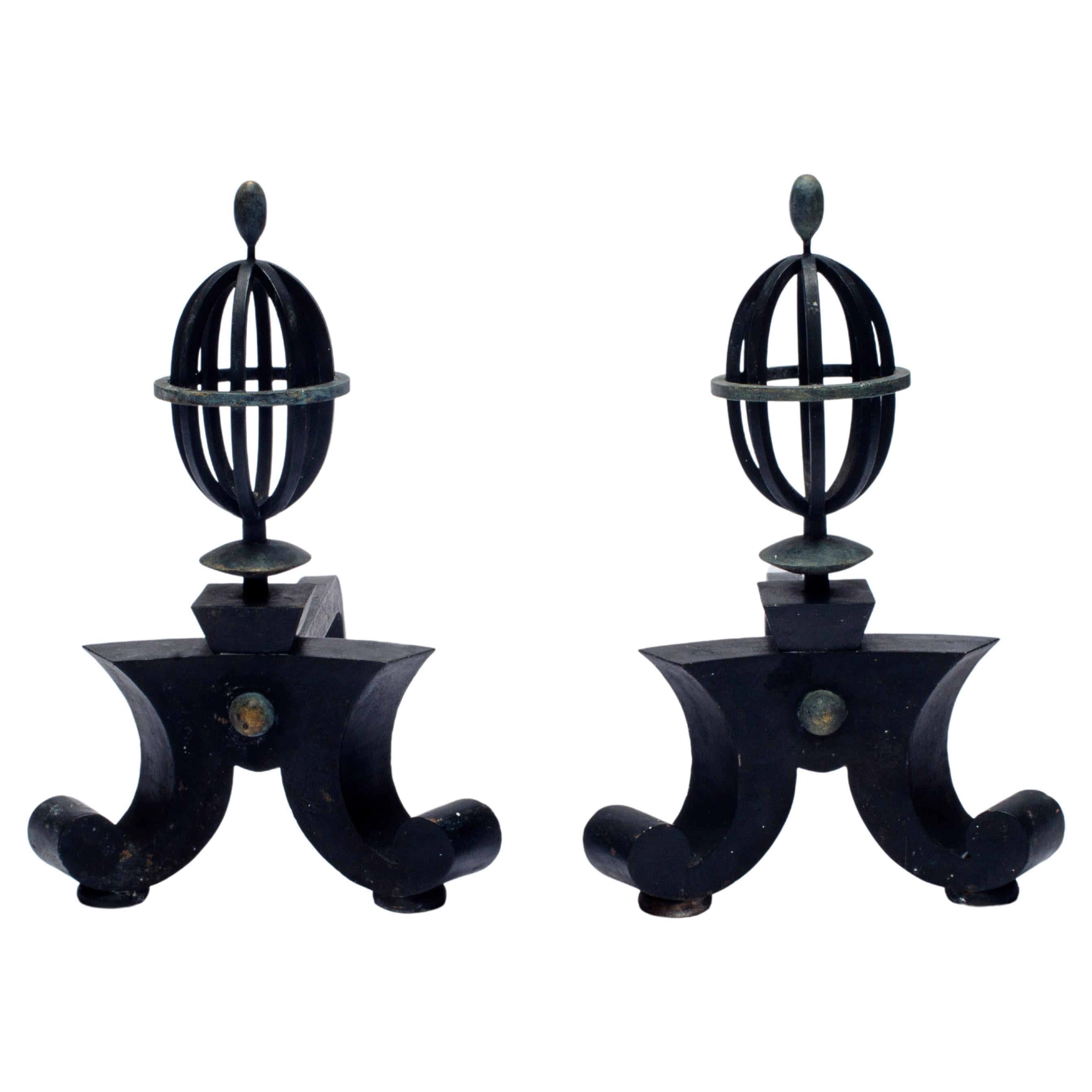 Pair of Iron Andirons by Gilbert Poillerat For Sale