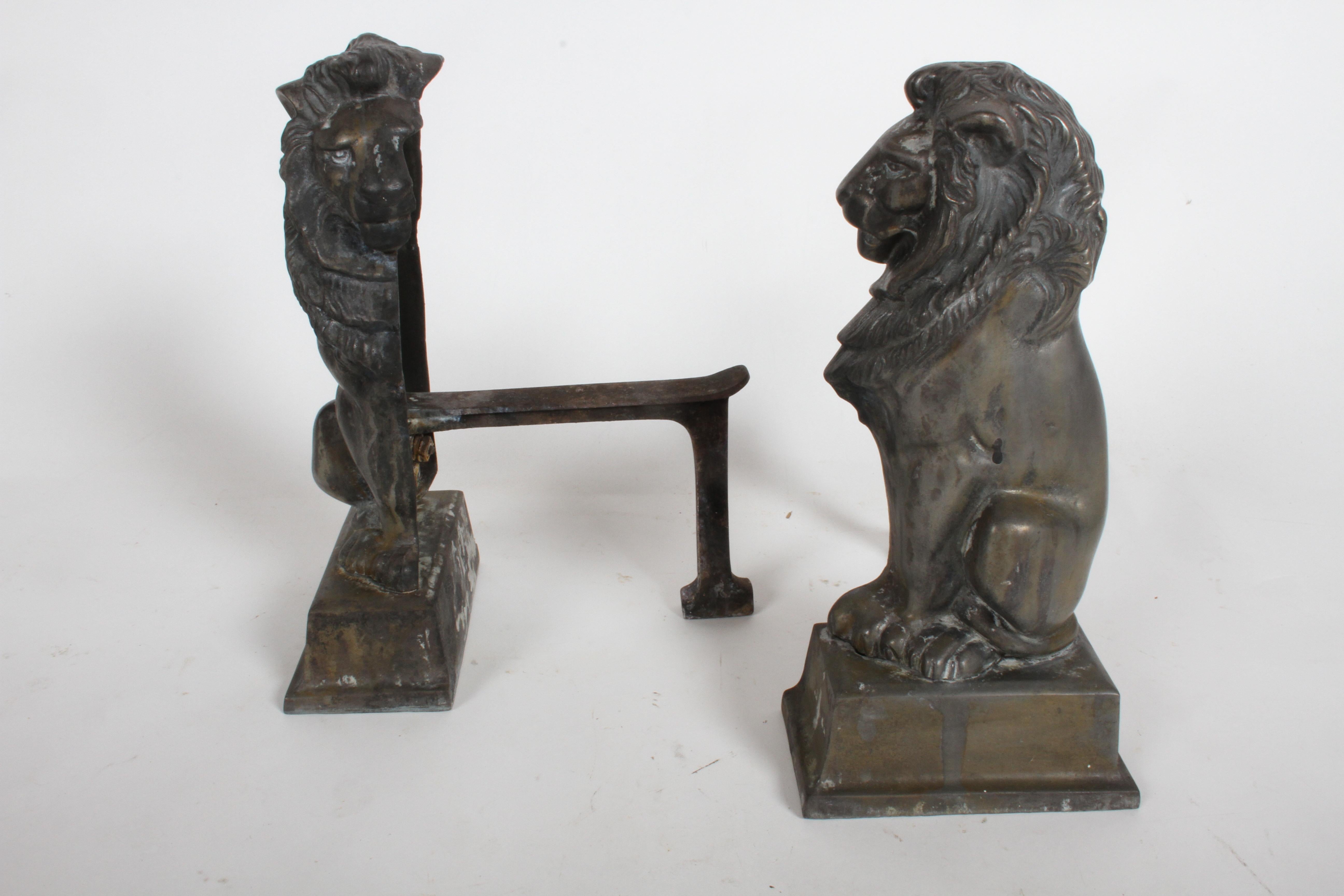 Pair of Iron Andirons or Fire Dogs Modeled as Lions after Artist Alfred Stevens In Good Condition In St. Louis, MO