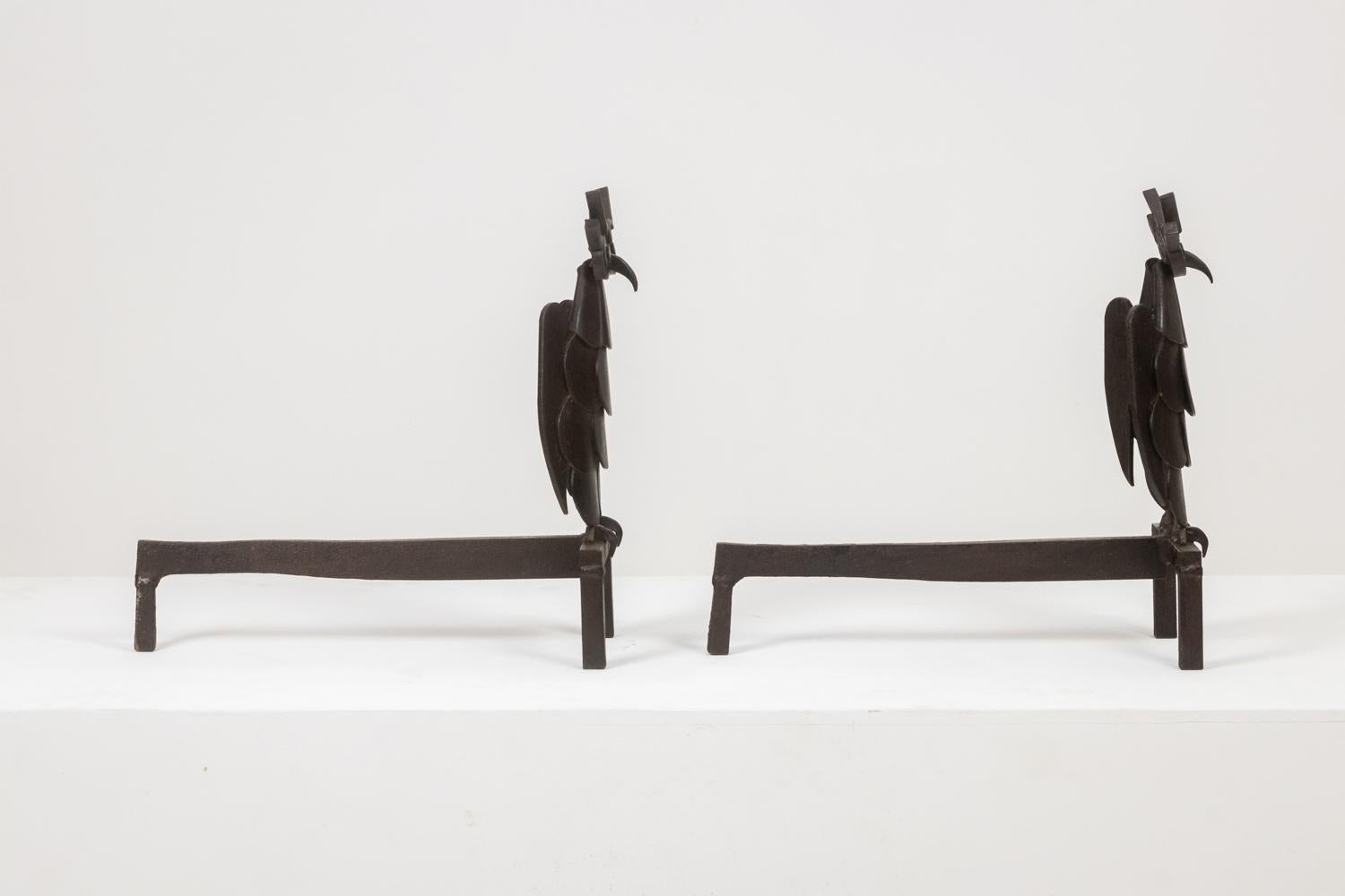 French Pair of iron andirons, representing an owl. 1950s.