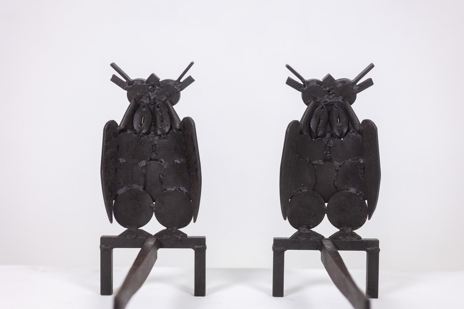 Pair of iron andirons, representing an owl. 1950s. 3