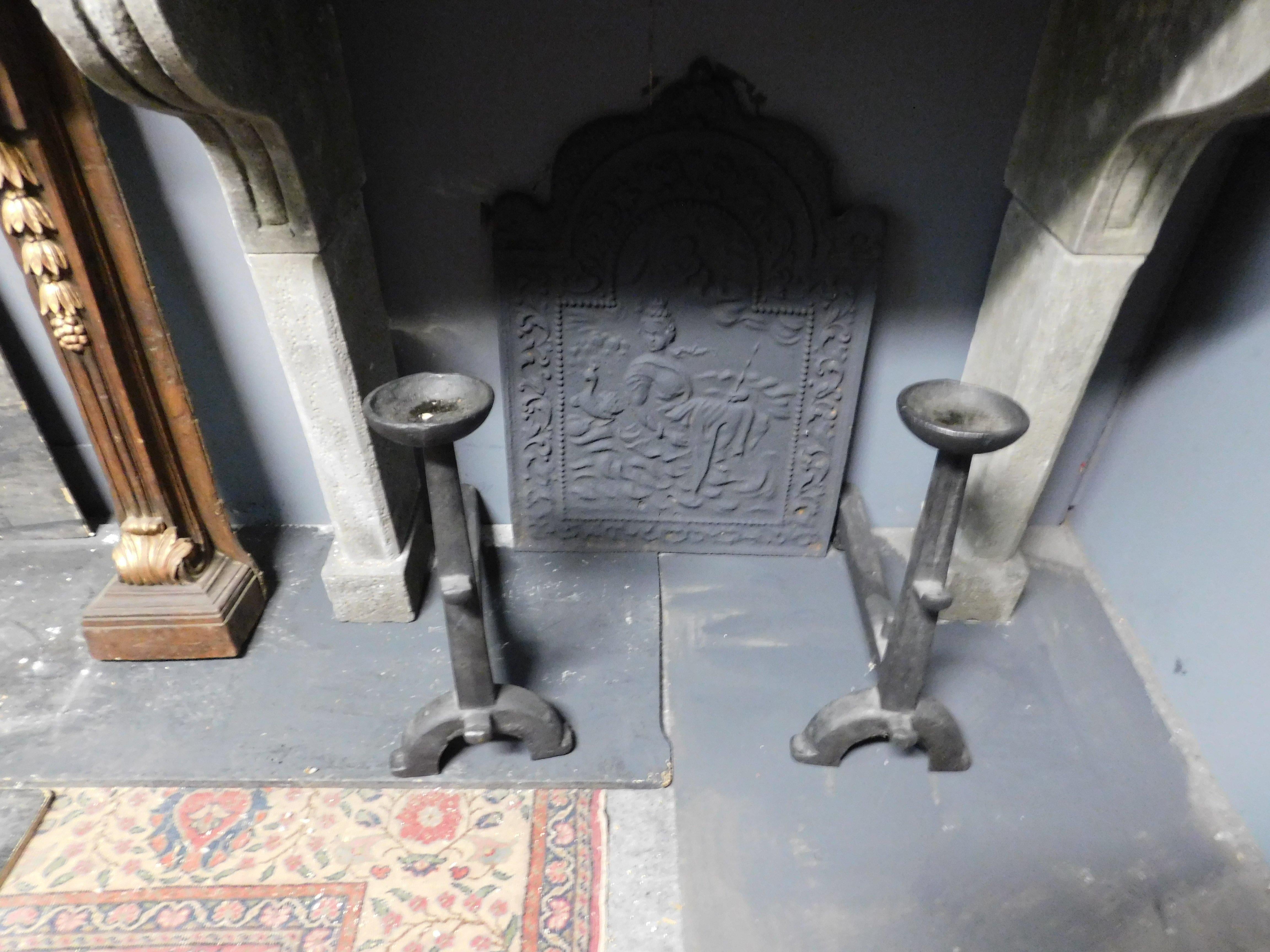 Hand-Carved Pair of Iron Andirons with Cup Holder, 19th Century, Italy For Sale