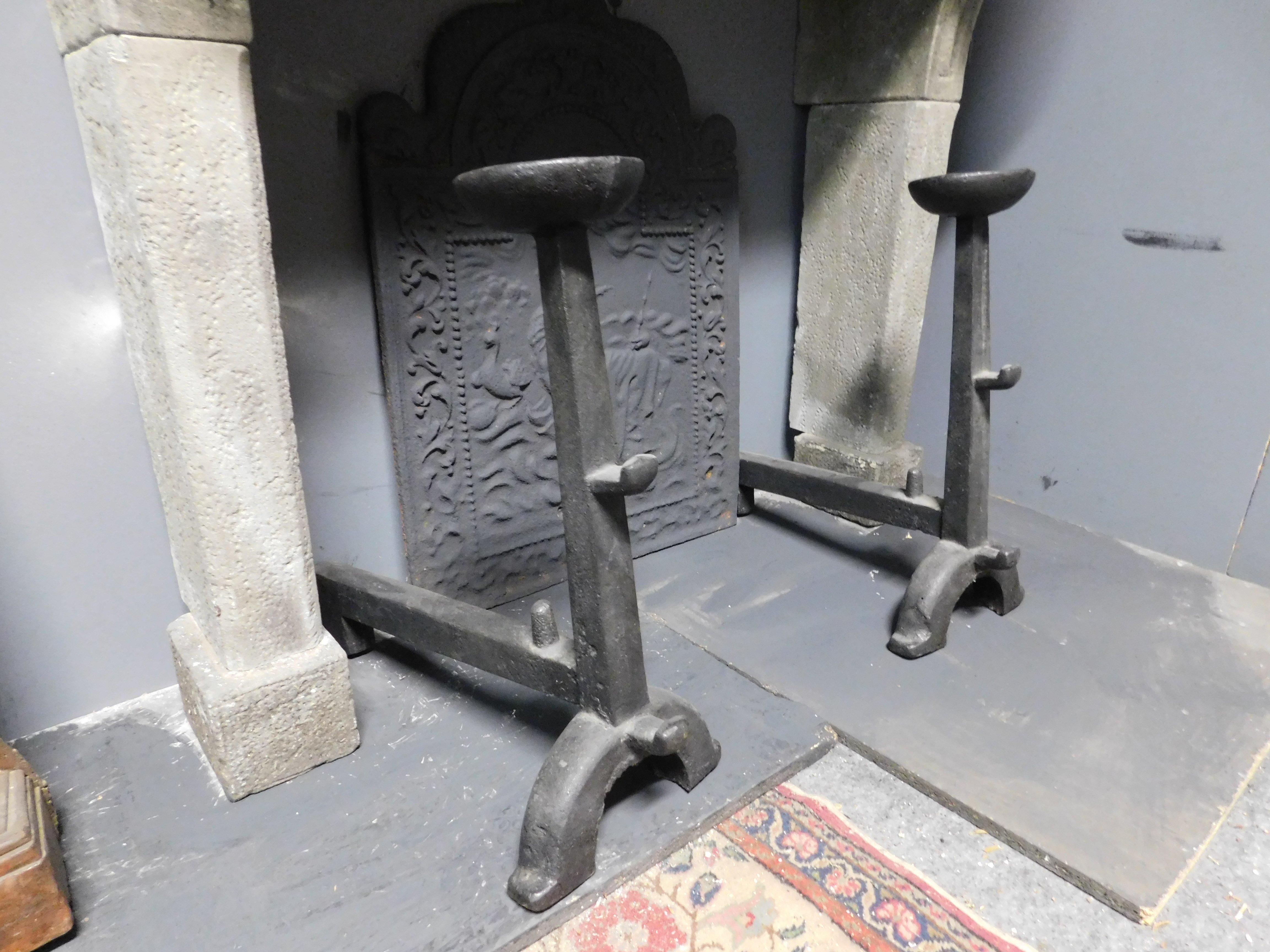 Pair of Iron Andirons with Cup Holder, 19th Century, Italy For Sale 1