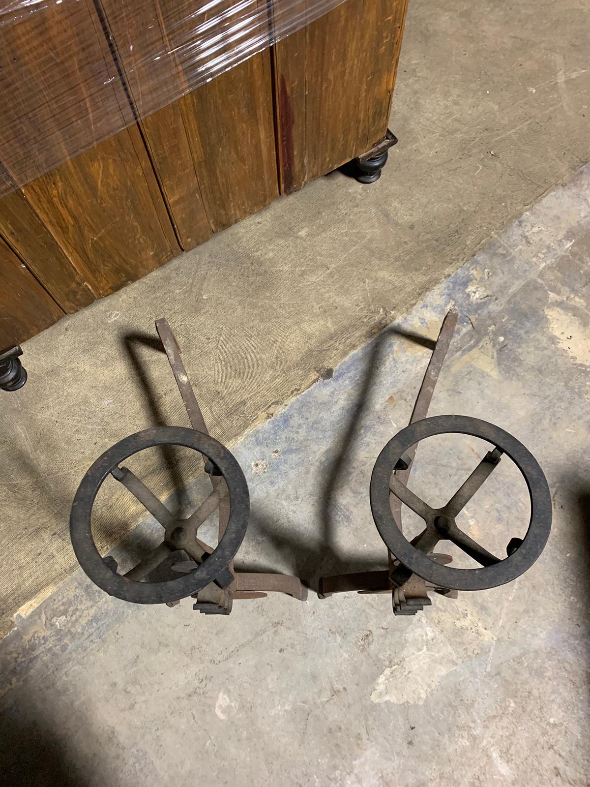 Pair of Iron Andirons with Port Warmers and Roll Bar Supports, circa 1900 For Sale 6