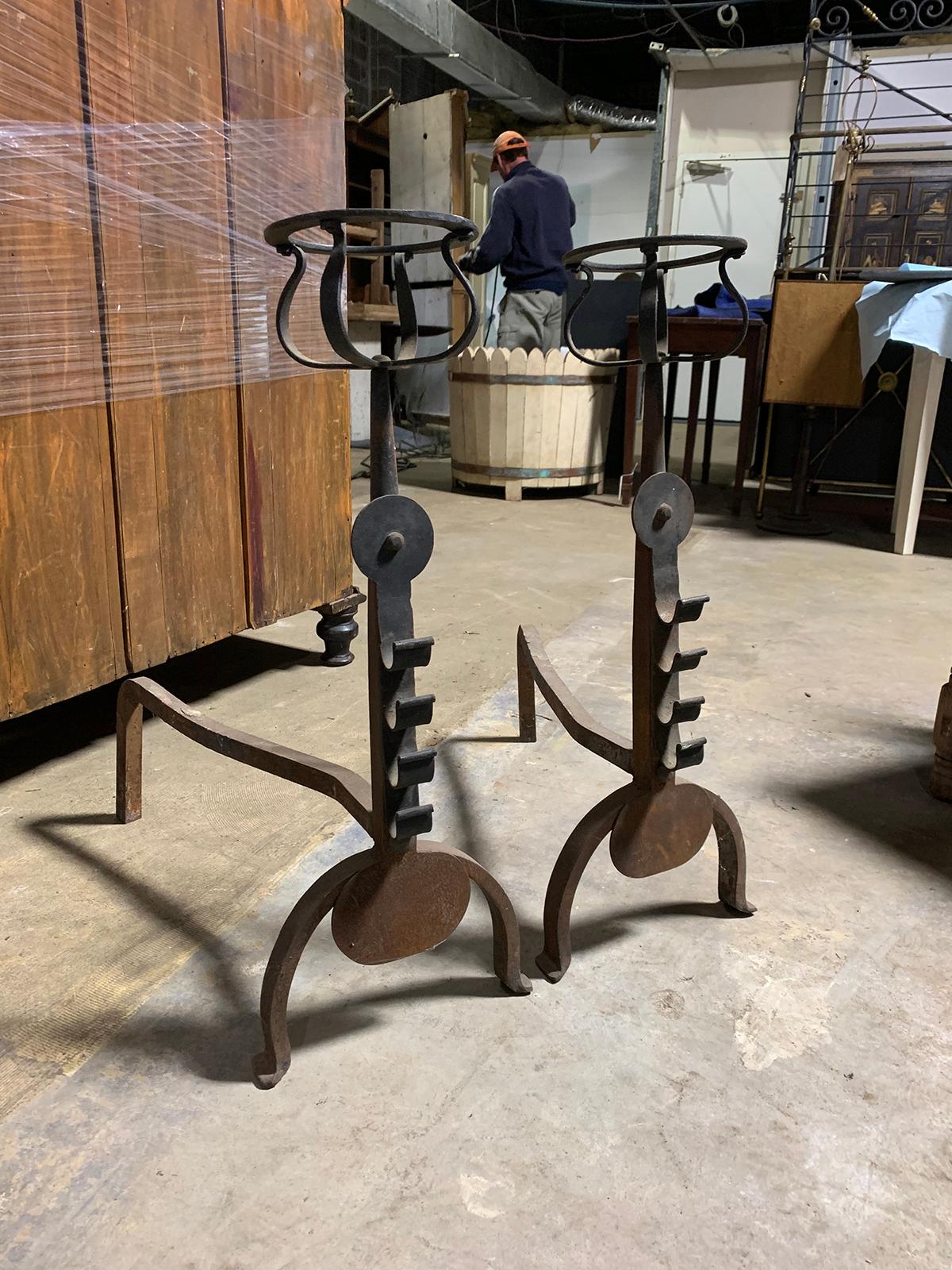 Pair of Iron Andirons with Port Warmers and Roll Bar Supports, circa 1900 In Good Condition For Sale In Atlanta, GA
