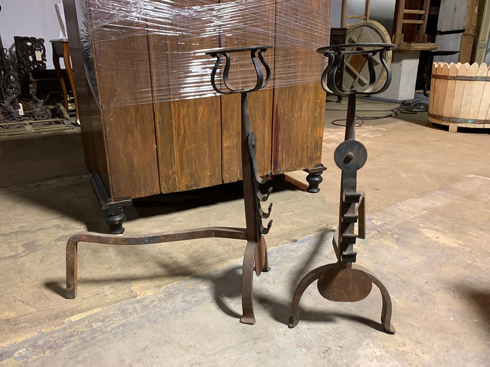 Early 20th Century Pair of Iron Andirons with Port Warmers and Roll Bar Supports, circa 1900 For Sale